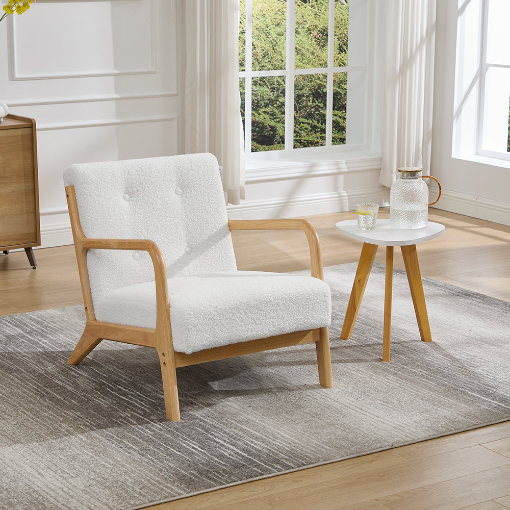 White Teddy Fleece Lounge Chair With Solid Wood Frame – Cozy Accent Chair With 28d Sponge Cushion