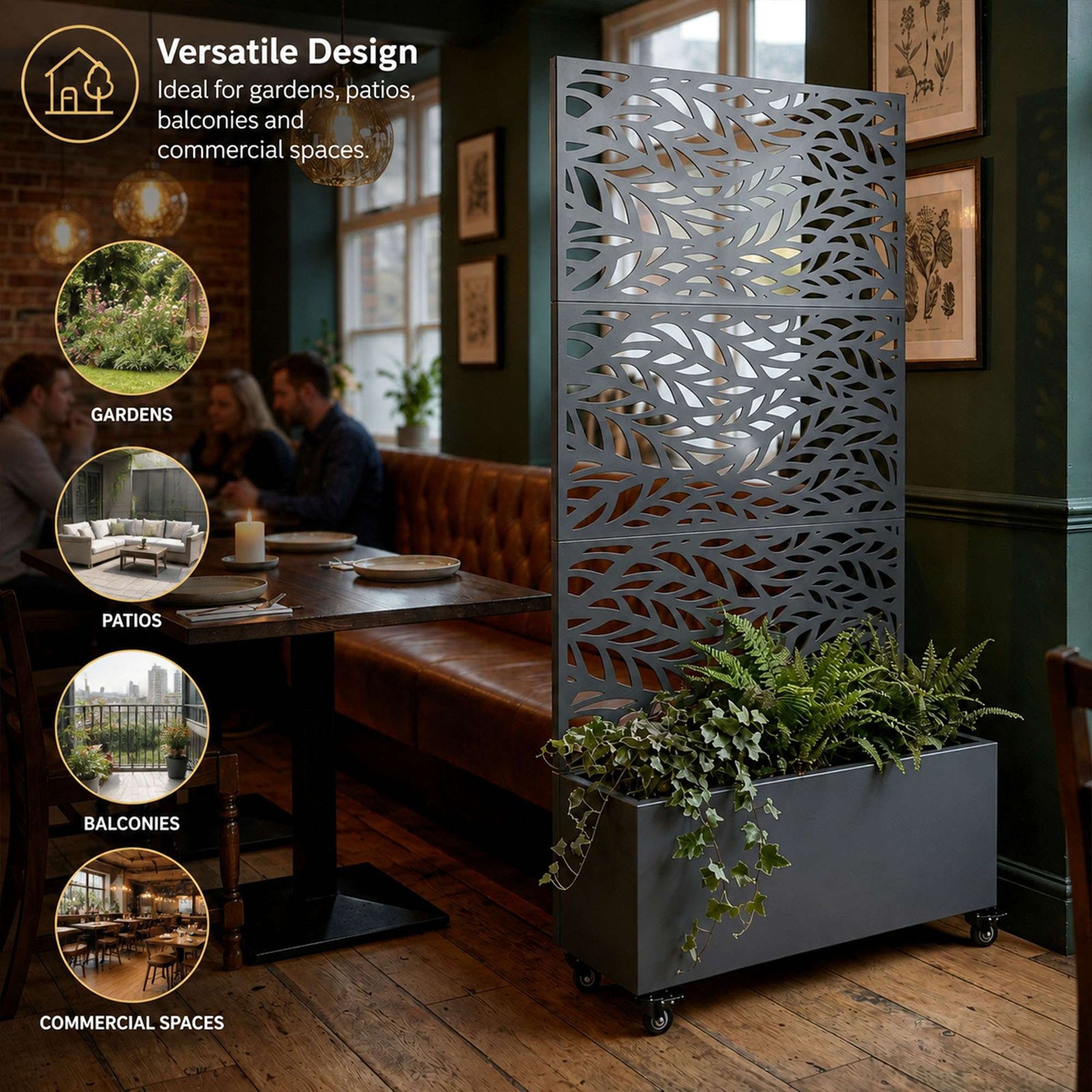 Metal Privacy Screen With Plant Pot - Leaf | Anthracite Grey