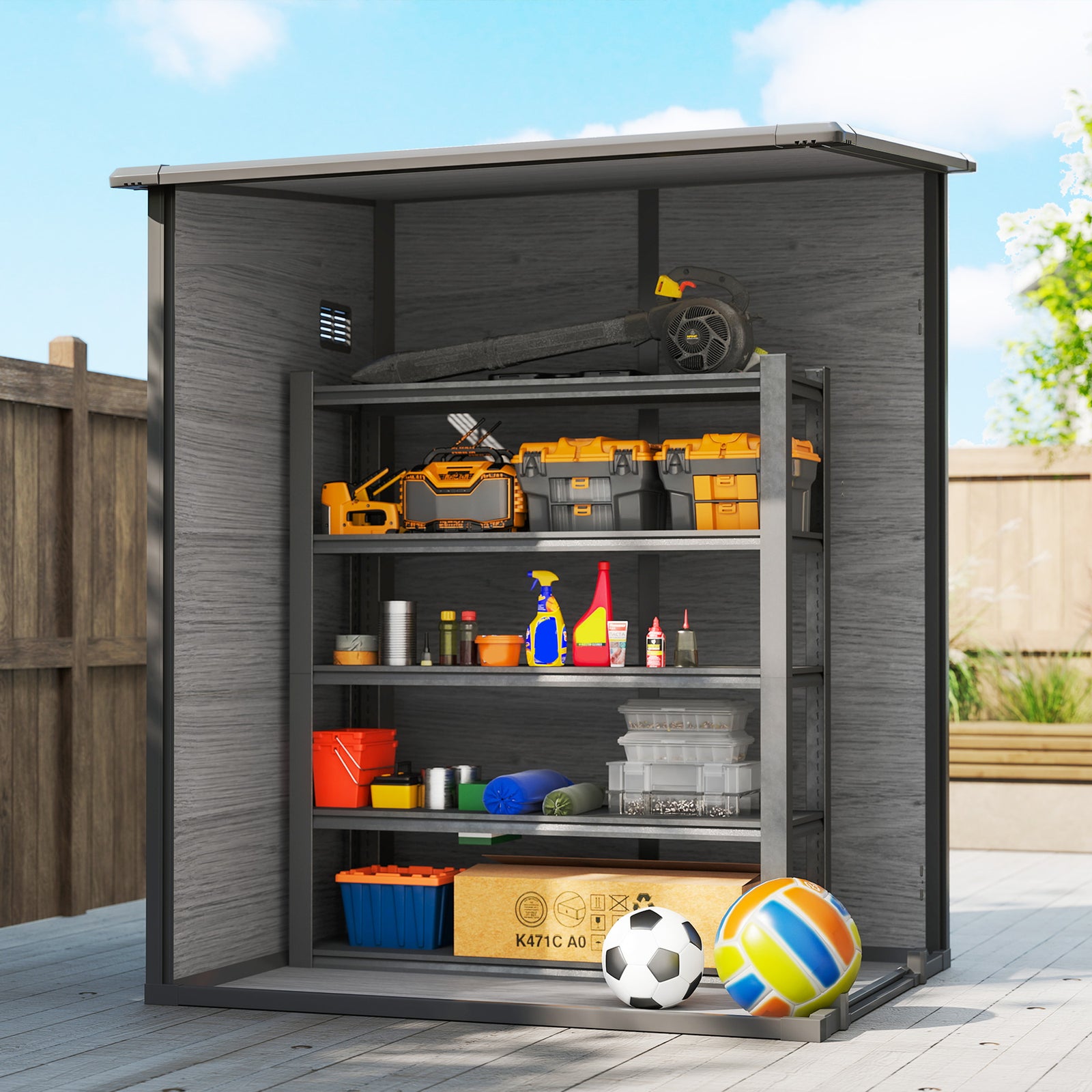 Lean To Garden Shed, Plastic Tool Storage House W/ Lockable Door | Dark Grey