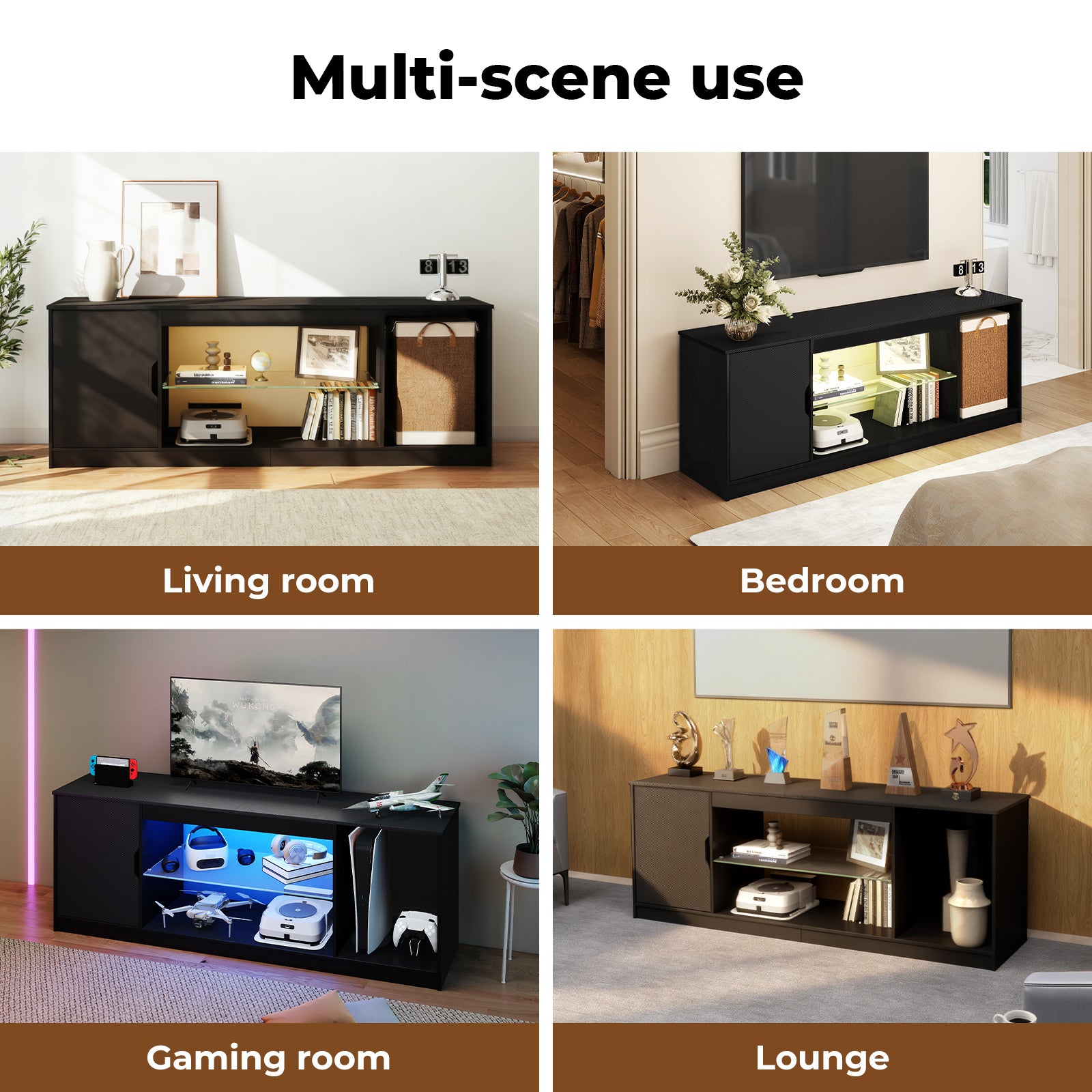 Tv Stand Entertainment Unit Tv Cabinet Stand Storage With Led 140cm Black | Black