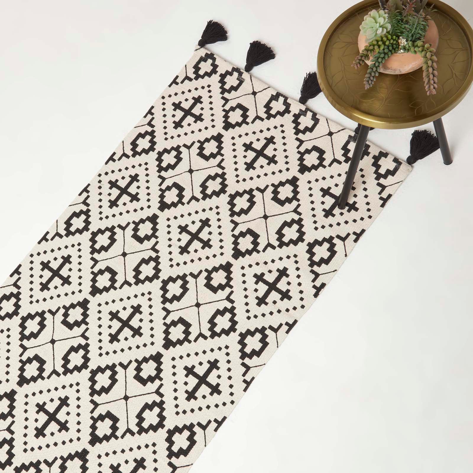 Reva Black & White Cotton Geometric Rug | 200cm | Black & White
