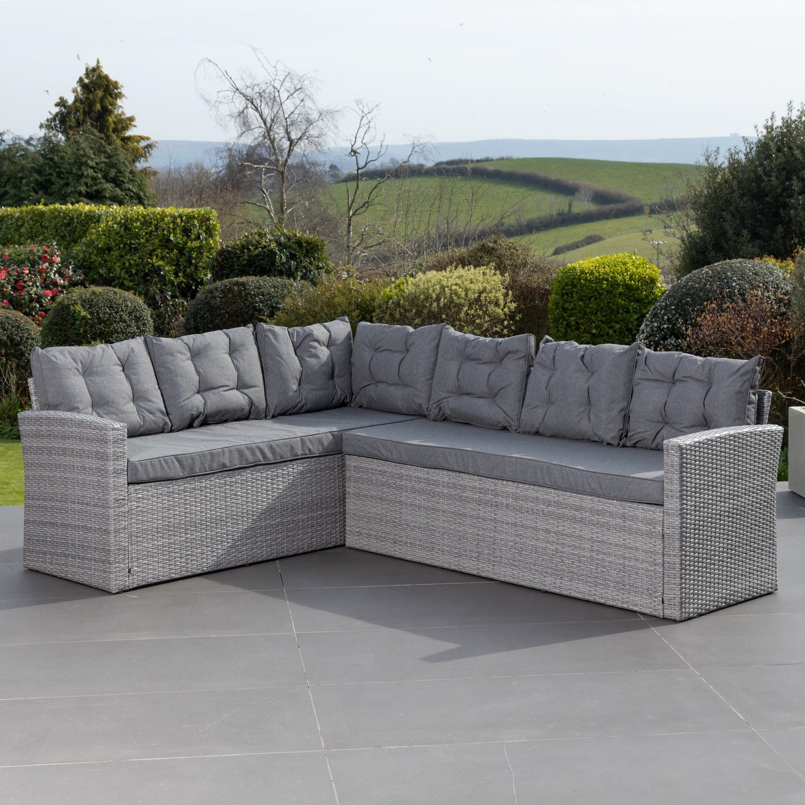 Piana Outdoor Rattan Corner Sofa With Table And Bench | Set of 10 | Grey