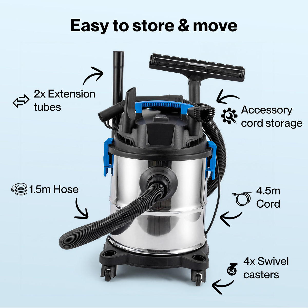 Wet Dry Vacuum Cleaner 20l 1200w Blowing Function Powerful Industrial | Blue