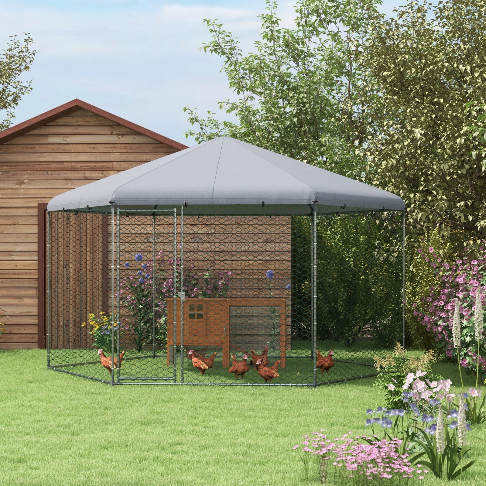 Pawhut Walk-in Chicken Run W/ Cover, For 10-15 Chickens, Hens, Rabbits, Ducks