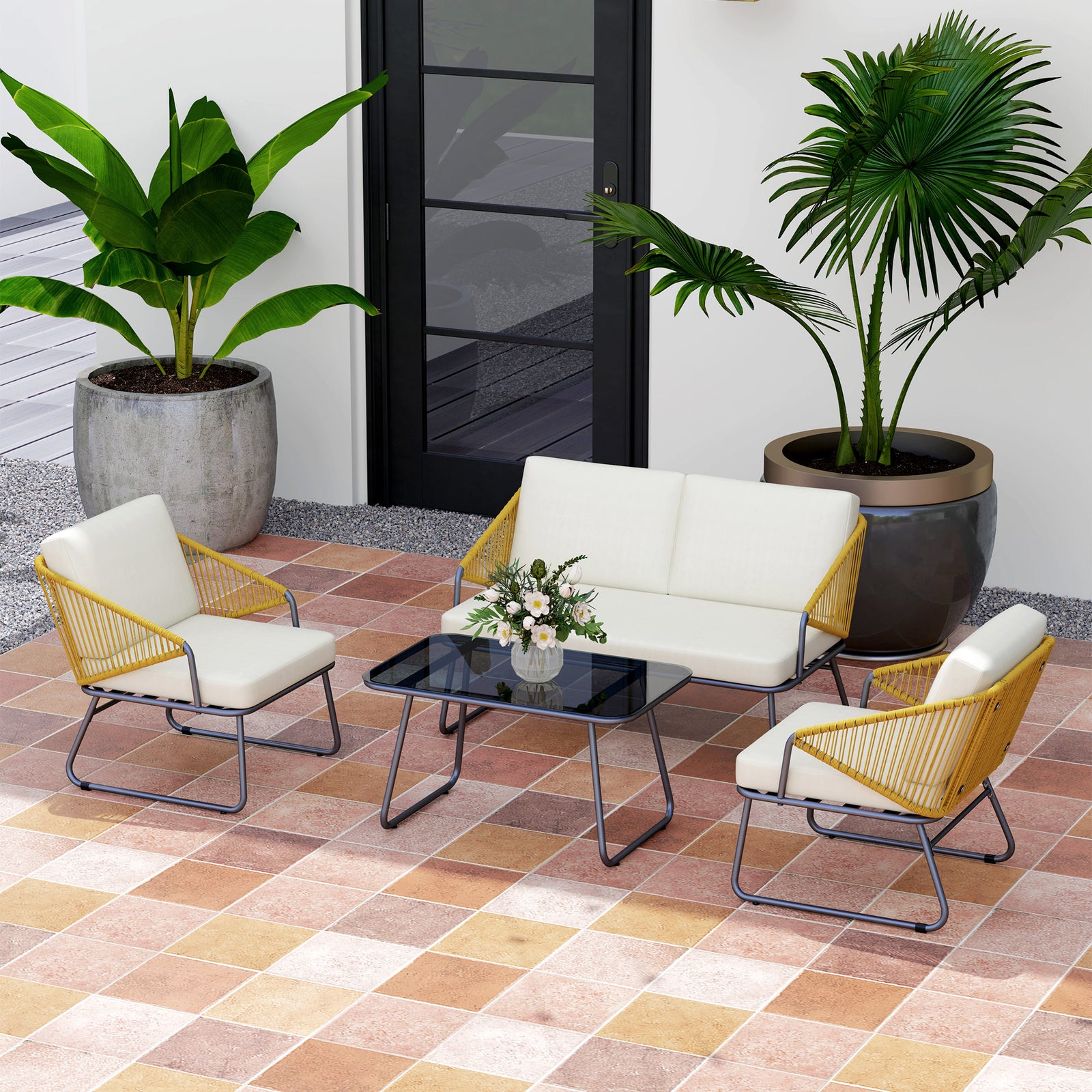 4 Piece Rattan Garden Furniture Set With Cushions | Natural