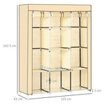 Fabric Portable Wardrobe With 8 Shelves 2 Hanging Rails | Beige