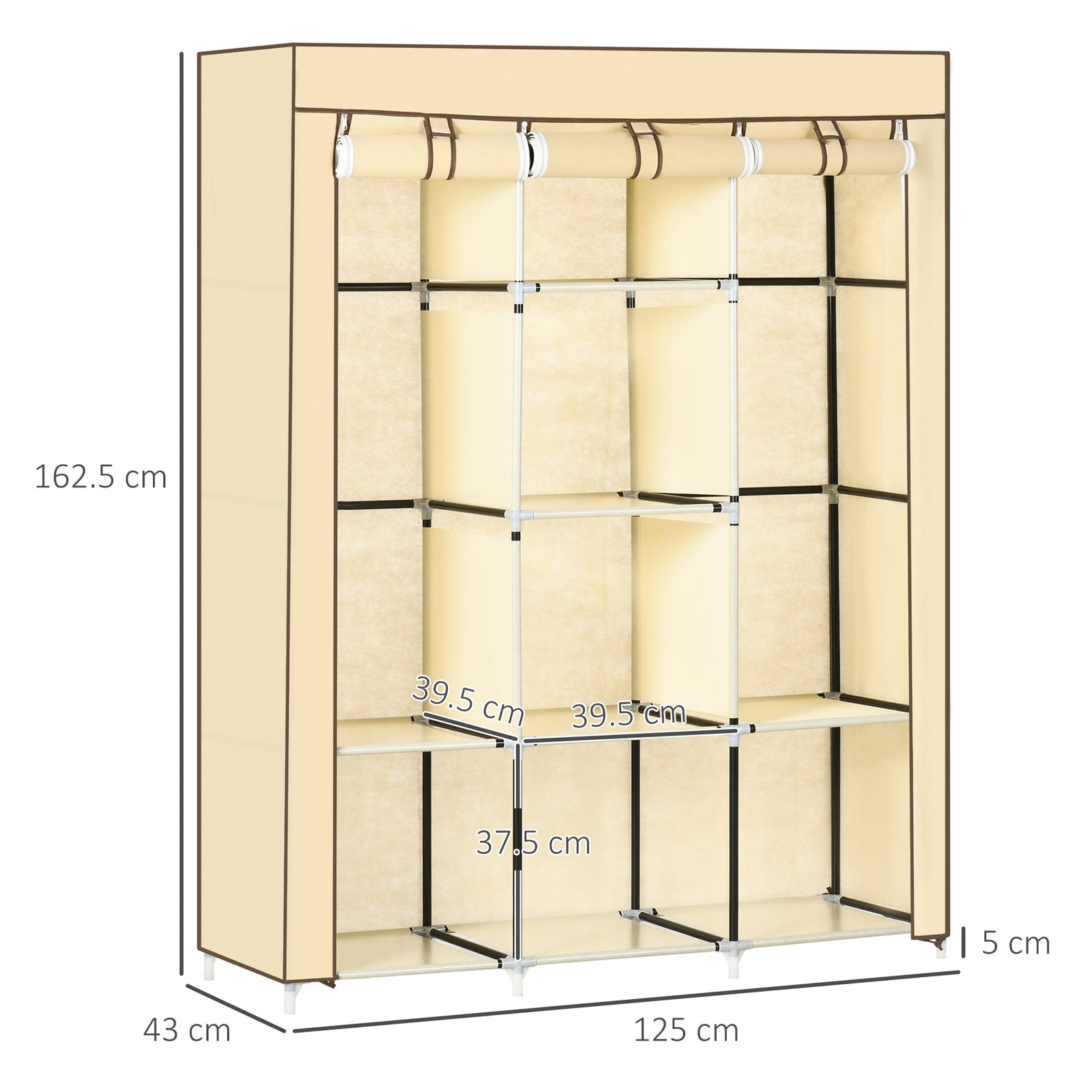 Fabric Portable Wardrobe With 8 Shelves 2 Hanging Rails | Beige