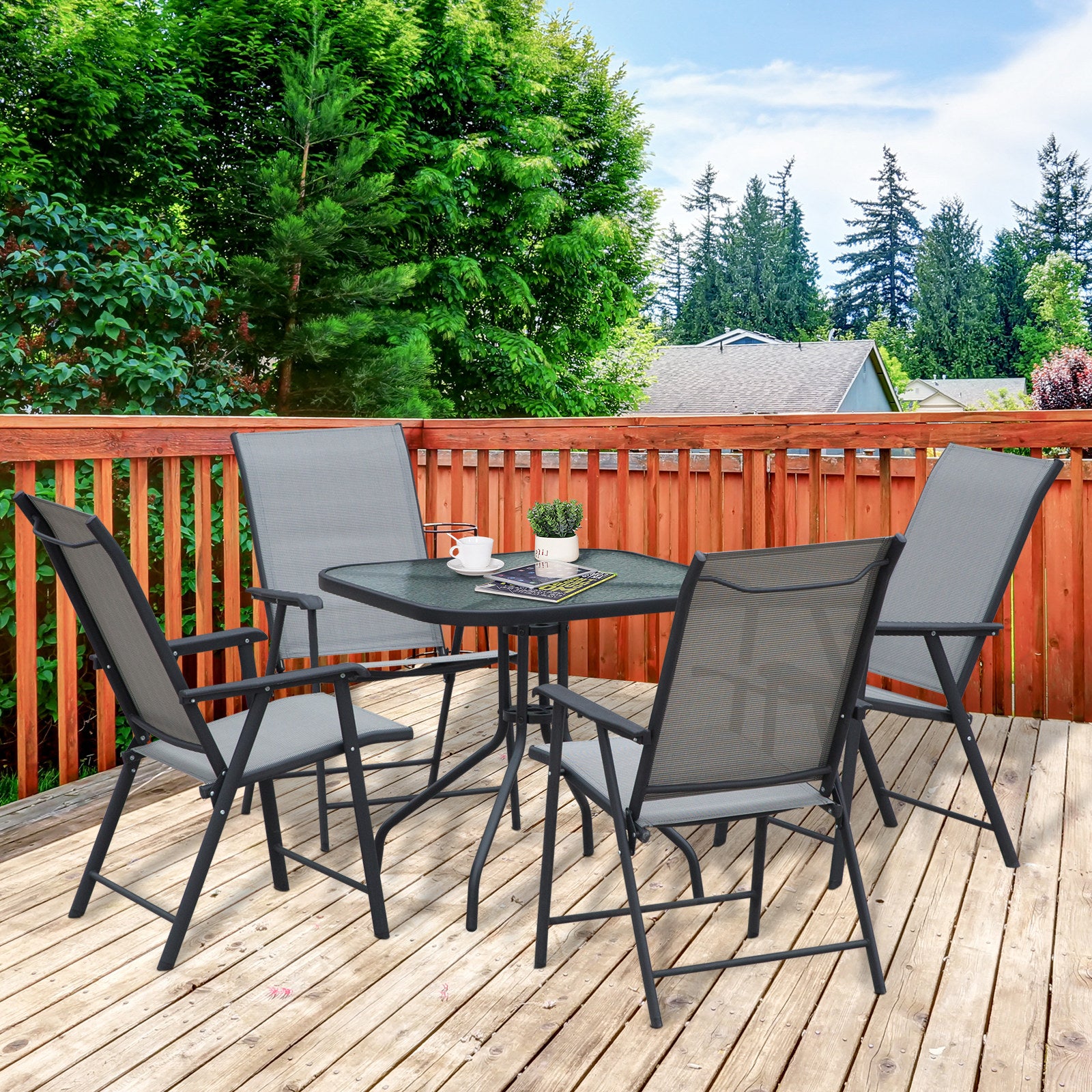 Outdoor Dining Set Steel Frames W/ 4 Chairs Coffee Table | 5 | Gray