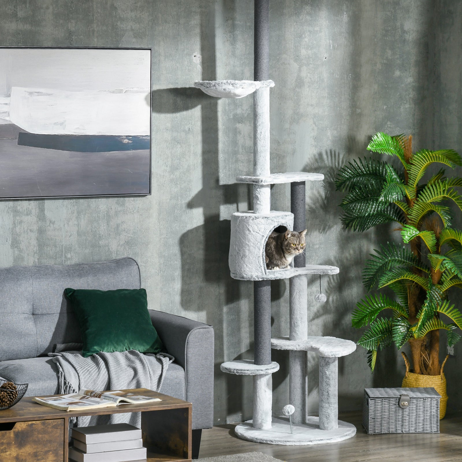 255cm Floor To Ceiling Cat Tree With Scratching Posts, Hammock, House