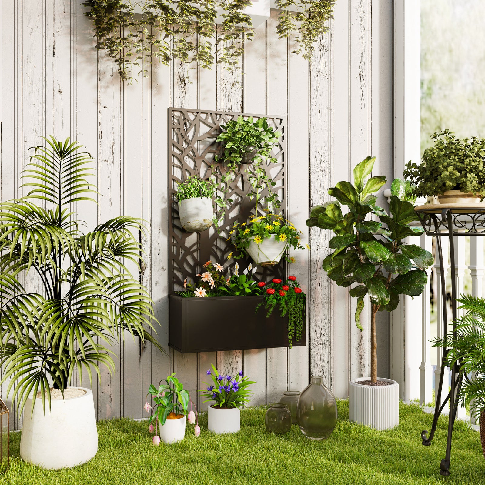 Metal Garden Bed With Trellis, Two Trees Cut-out Screen