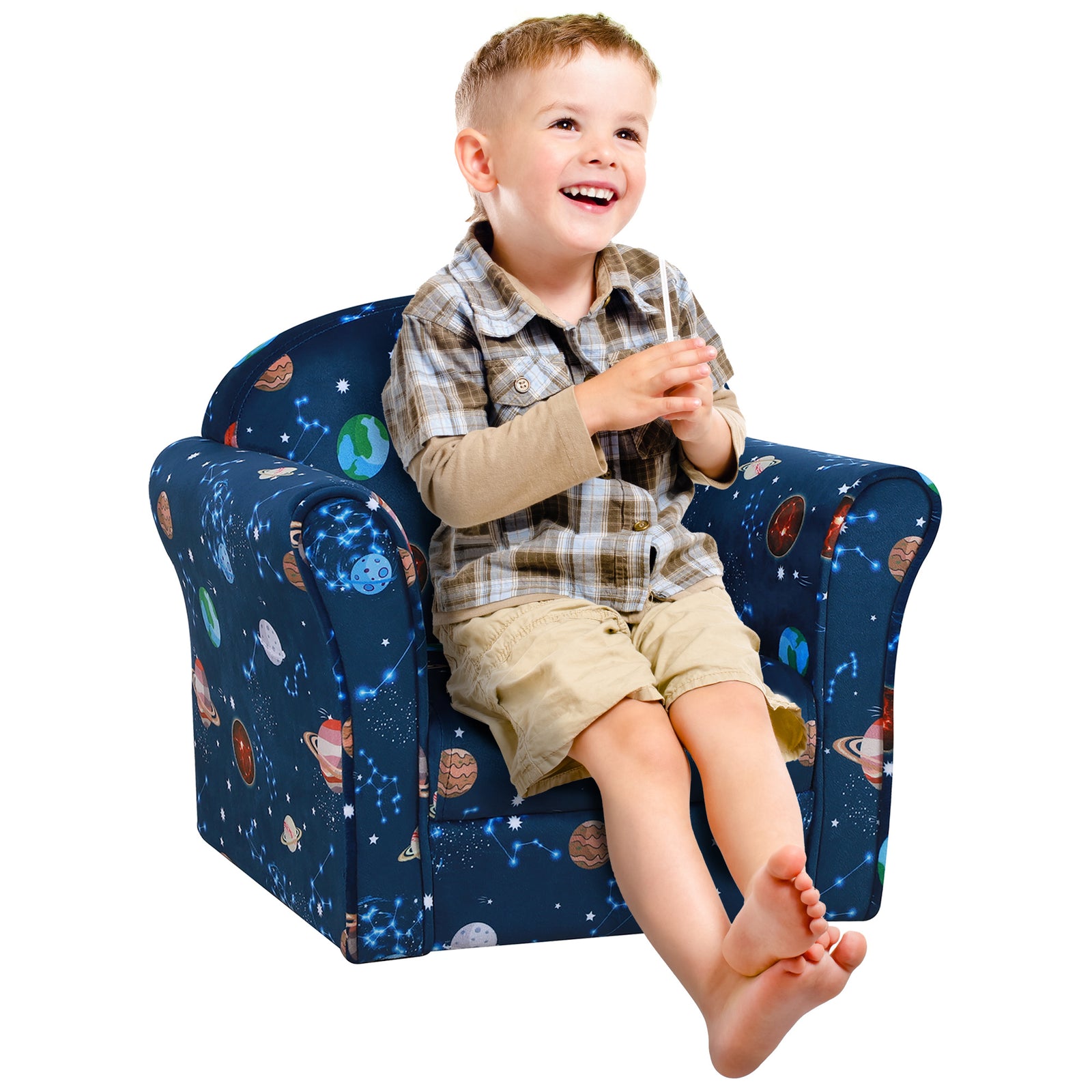 Kids Mini Armchair, Planet-themed Chair W/ Wooden Frame, Non-slip Feet