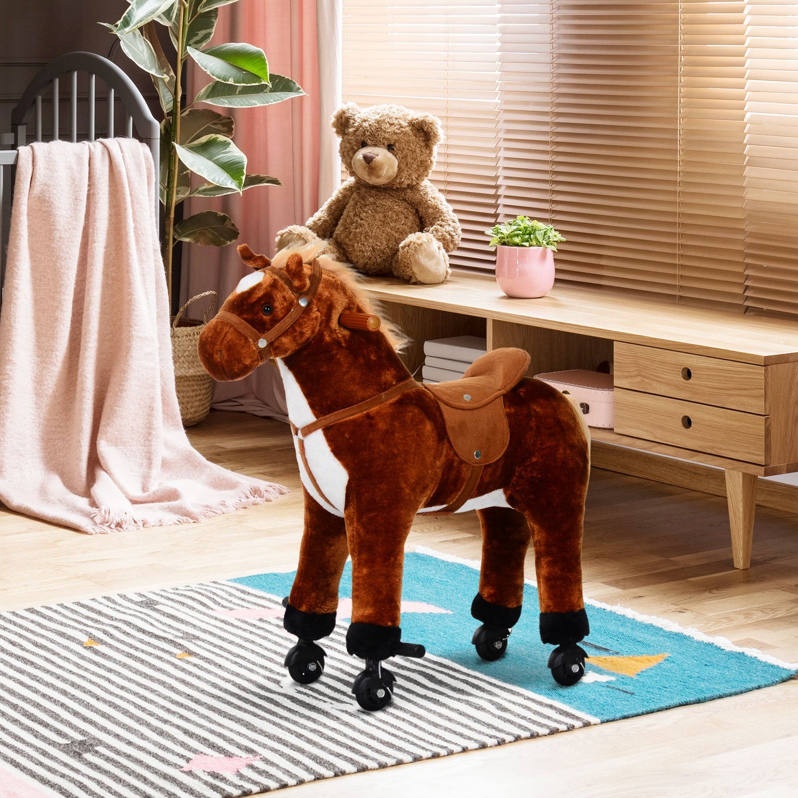 Child Boys Walking Horse Riding Toy Plush Walk Pony Wheels W/ Sound | Brown