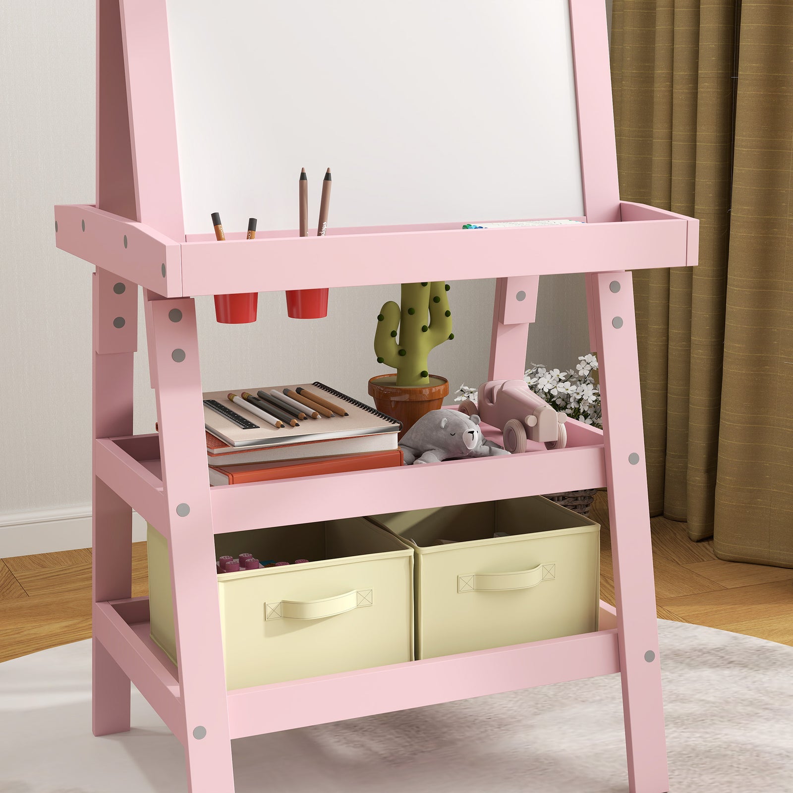 Double-sided Art Easel For Kids W/ Paper Roll, Storage Baskets | Pink
