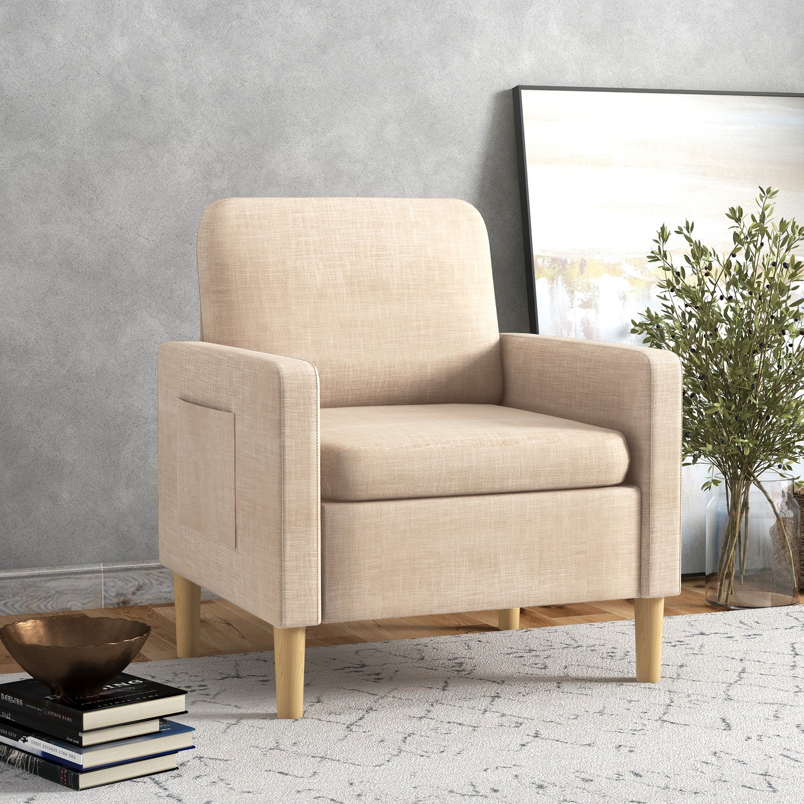 Modern Armchair Upholstered Accent Chair Home Office | Single | Beige