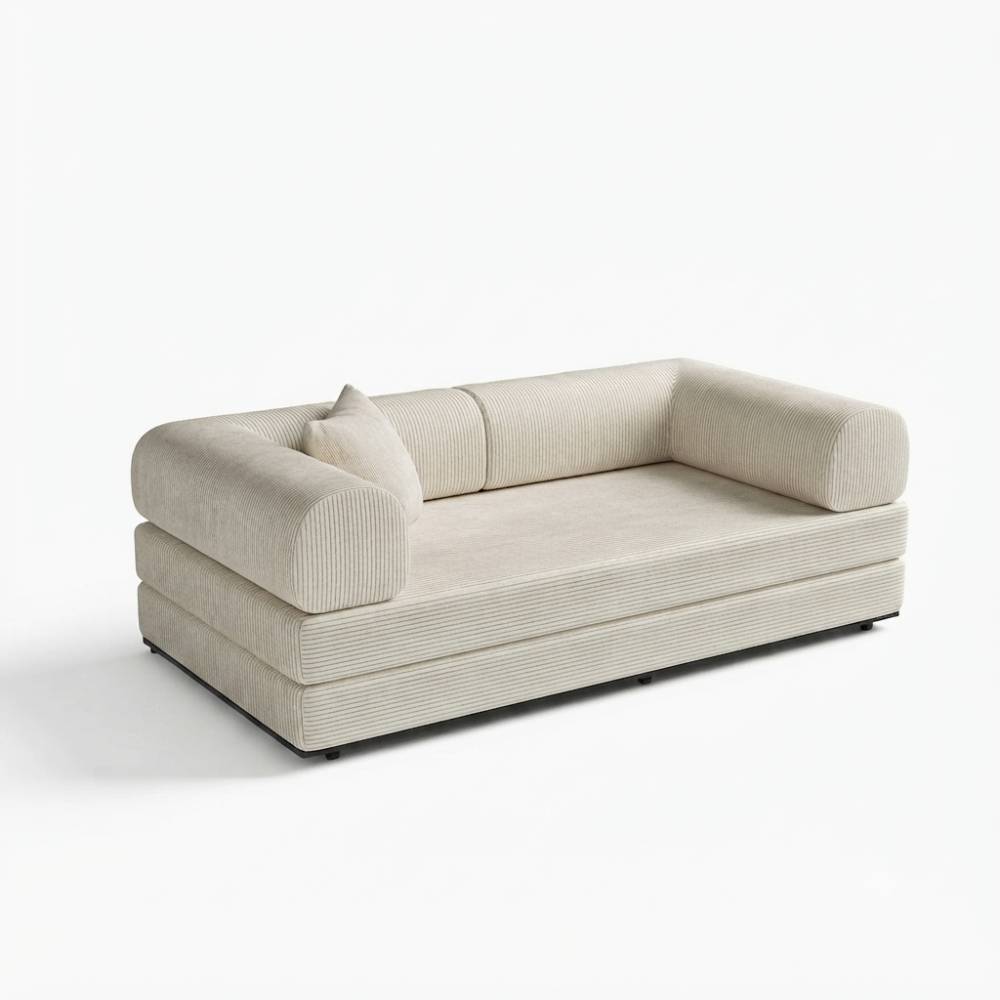 Corduroy Sofa Bed With Sliding Frame | High-resilience Foam Convertible Sleeper Sofa | Large | Beige