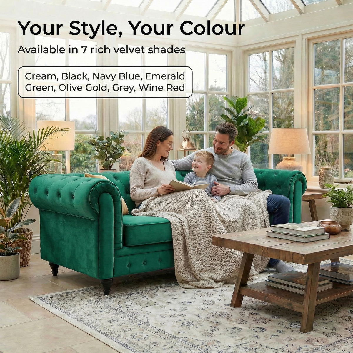 Chesterfield Scroll Arm Velvet Sofa 3 Seater | Emerald