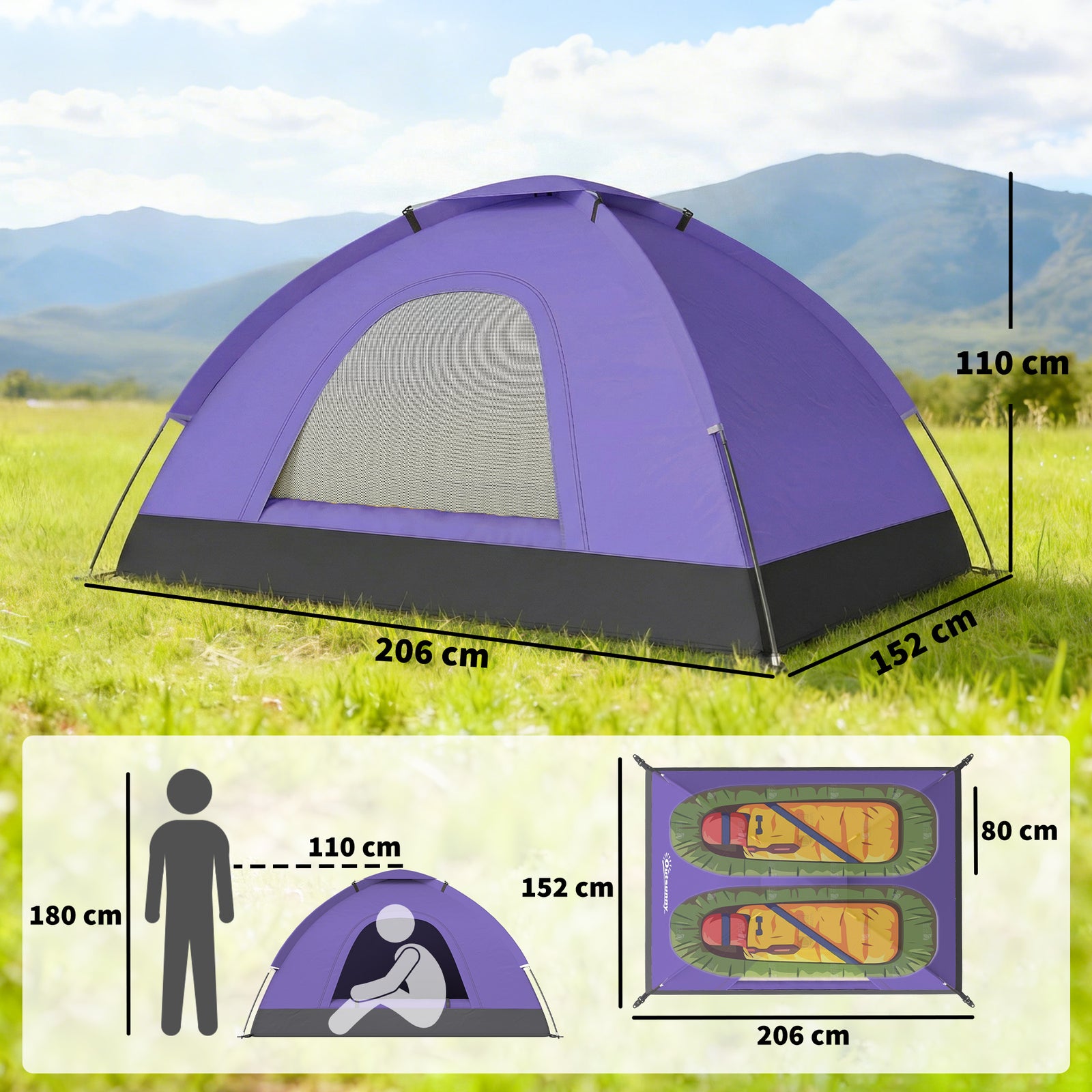 2 Person Camping Tent, Dome Tent With Storage Pocket | Purple