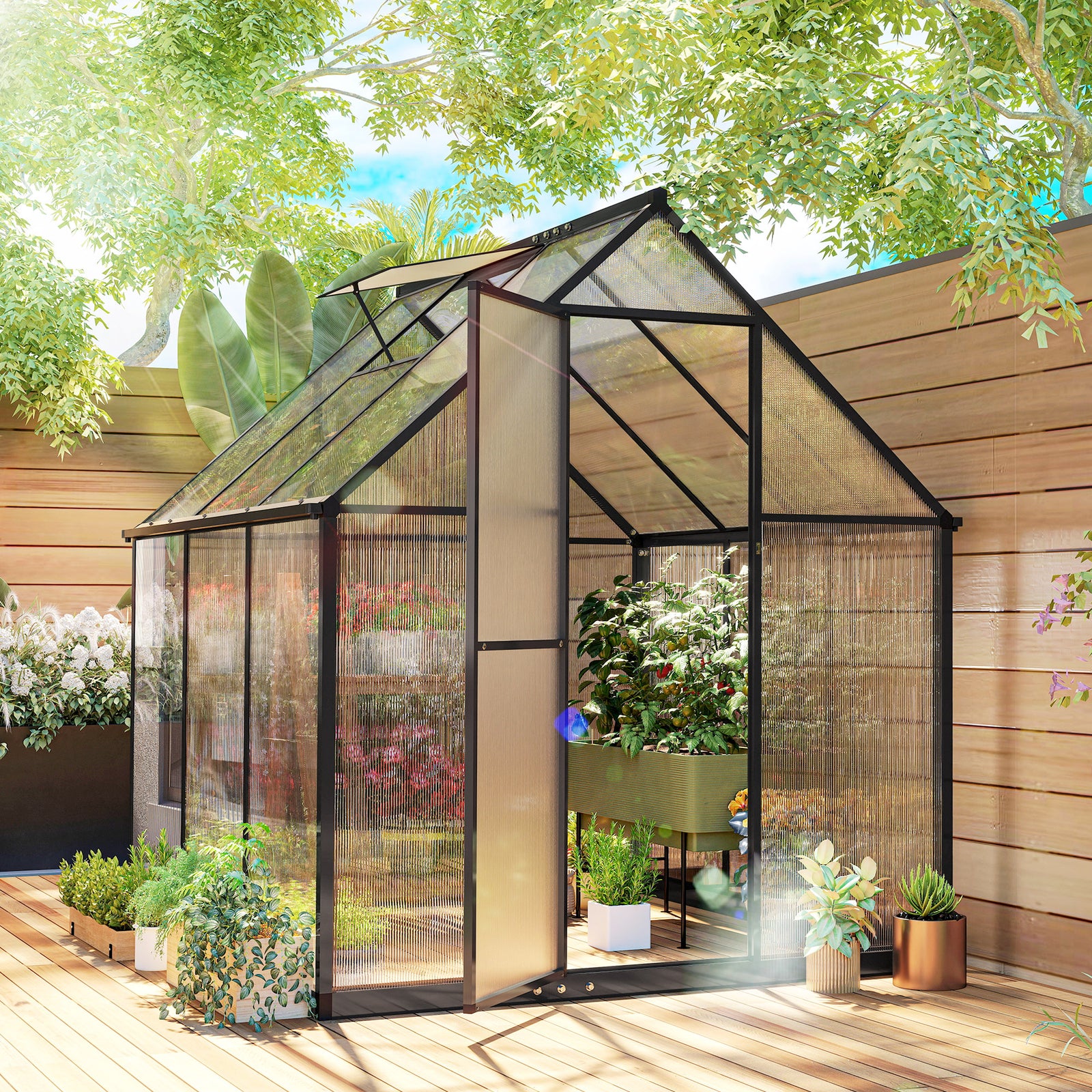 Polycarbonate Greenhouse Garden Green House With Rain Gutter, Black