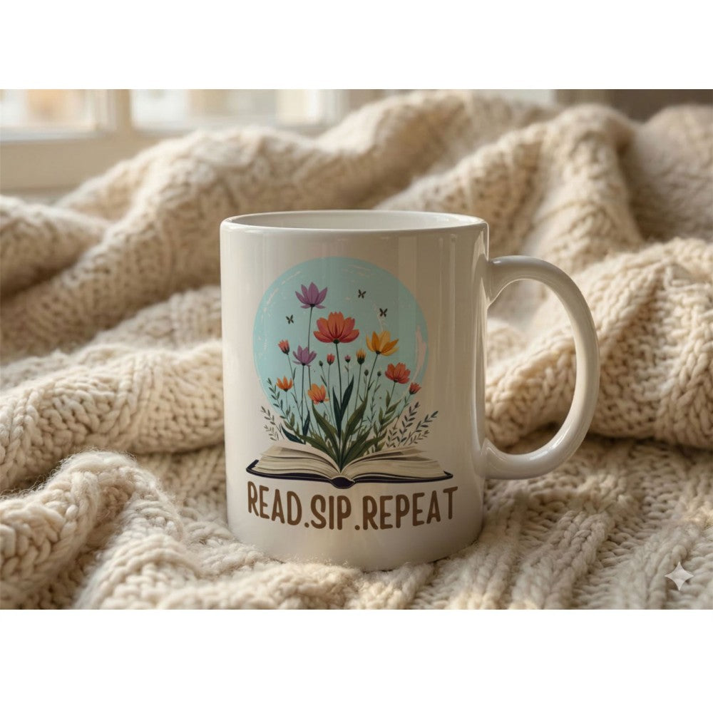 Dyzi Read Sip Repeat Quote Ceramic Mug White For Book Lovers