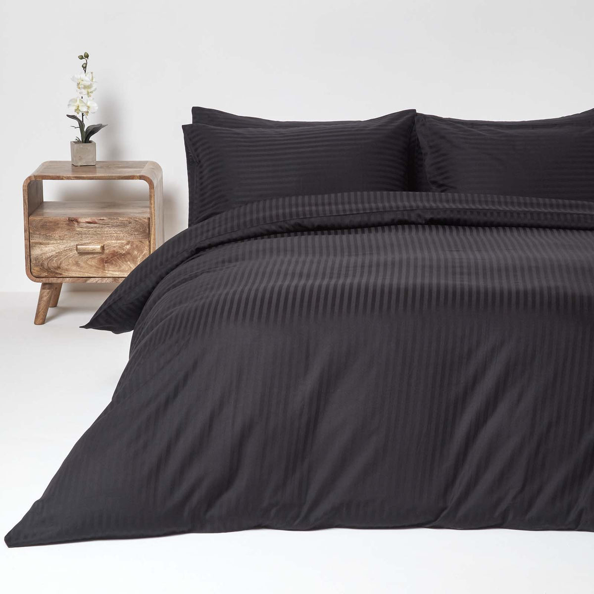 Egyptian Cotton Stripe Duvet Cover With Pillowcase, 330 Tc | Single | Black