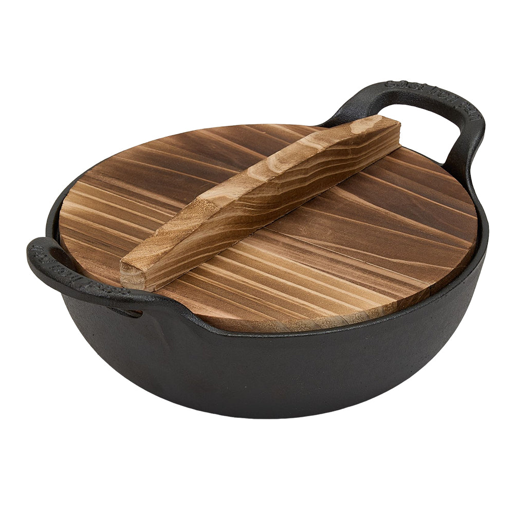 20cm/25cm Dia Cast Iron Wok With Dual Handles And Wooden Lid | Small