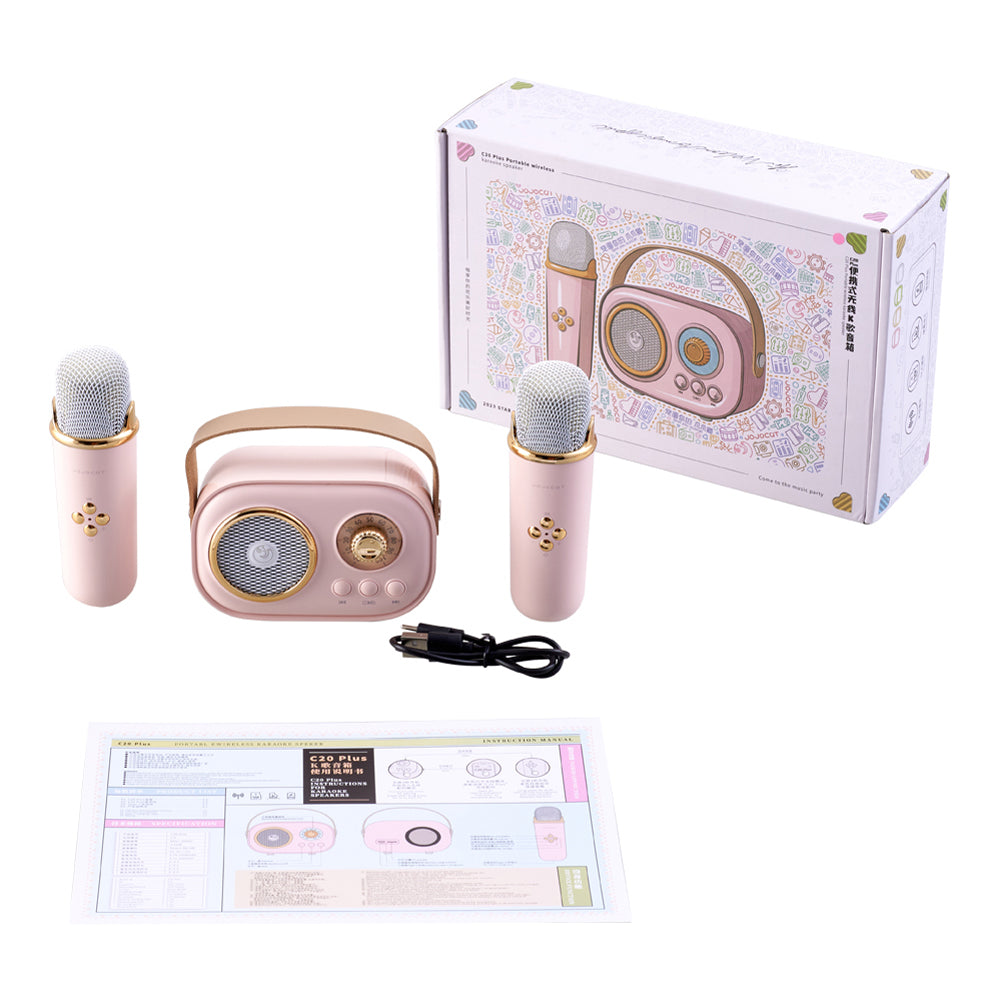 Portable Retro Bluetooth Karaoke Speaker With Two Wireless Microphones | Pink