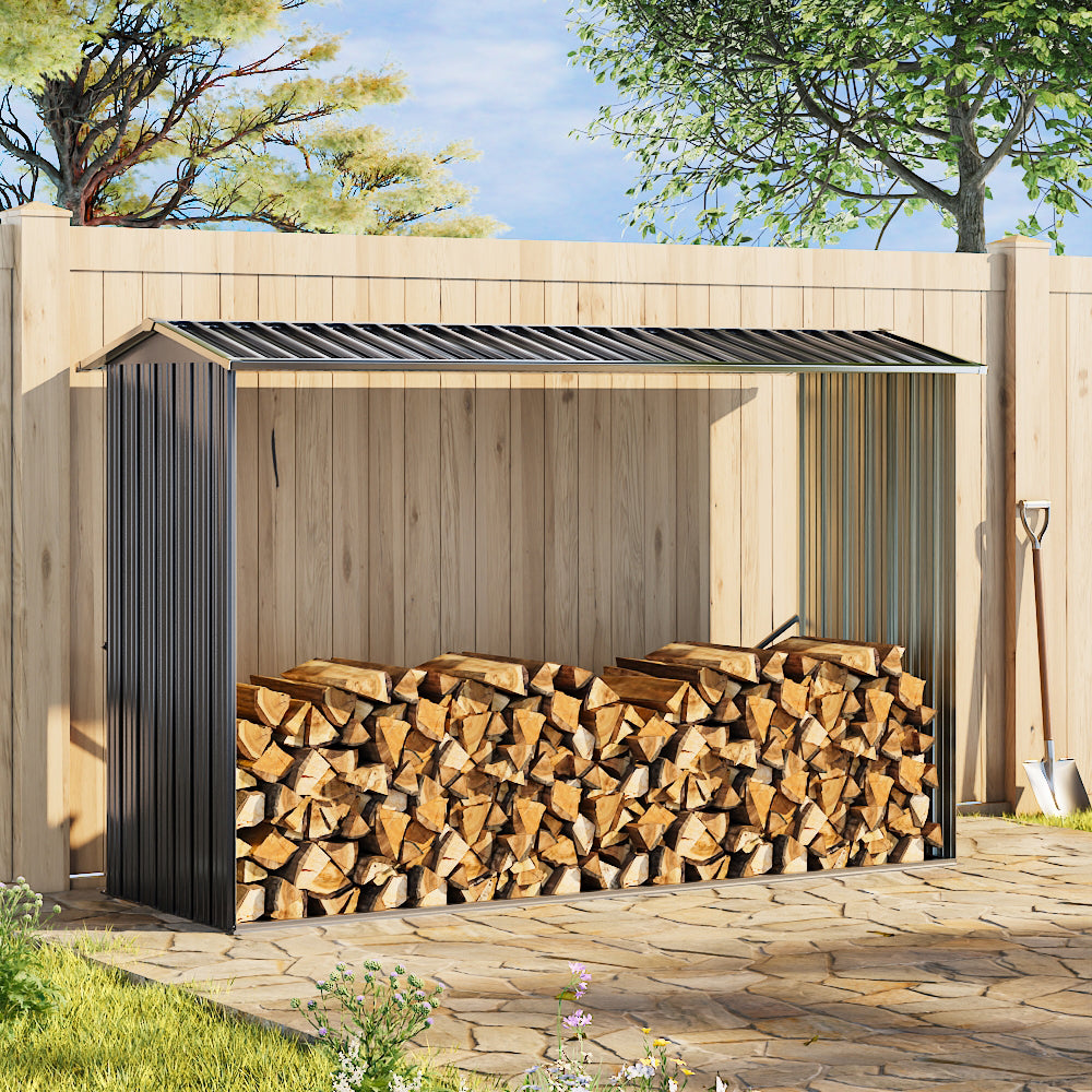 2.4m W Outdoor Garden Steel Log Storage Shed | Anthracite