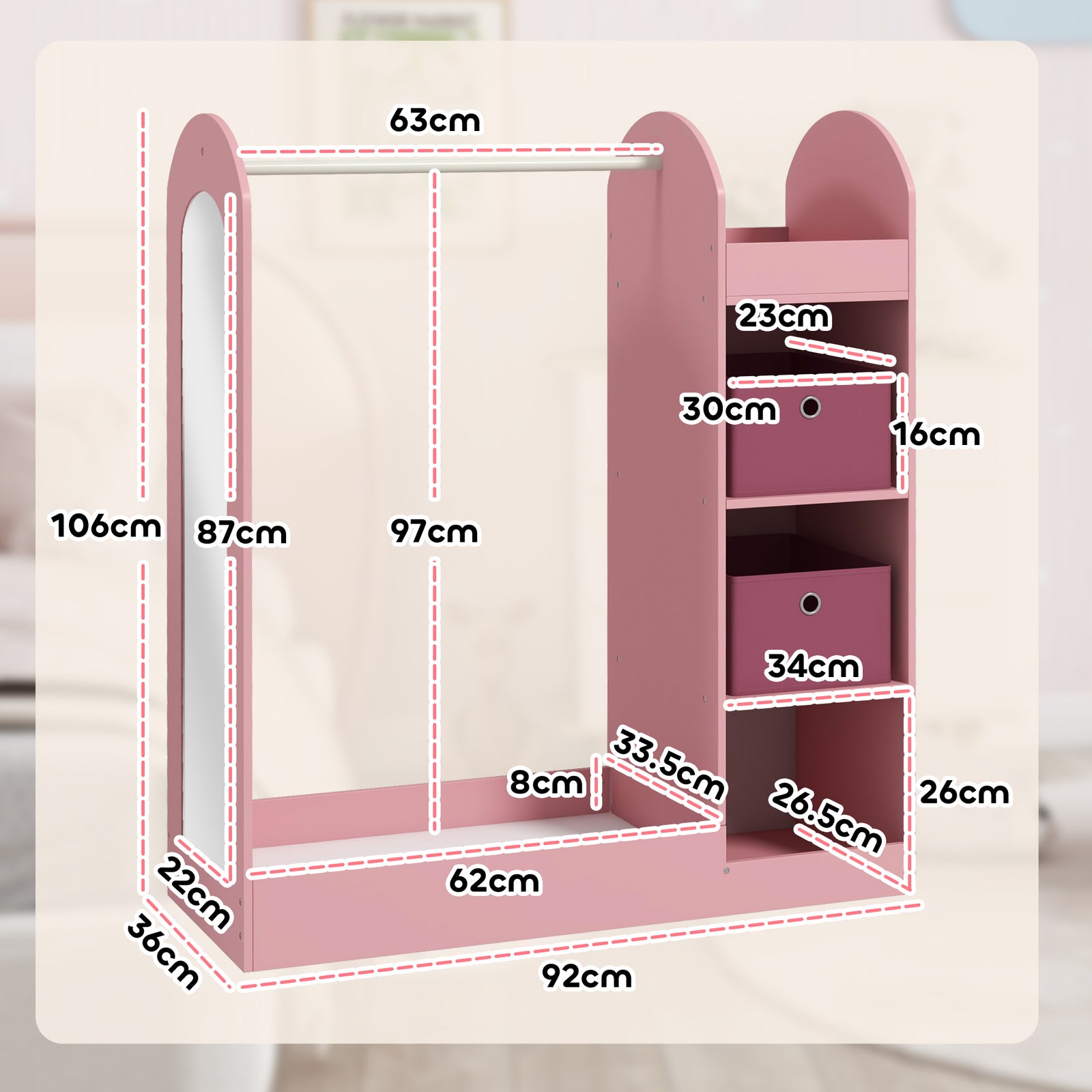 Kids Cloth Rail With Storage Shelf, Boxes, Mirror For Bedroom | Pink