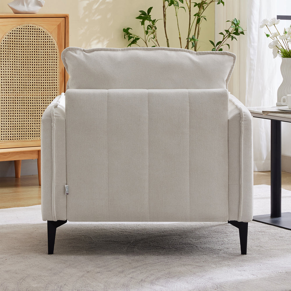 Modern Linen Upholstered Armchair – Off-white Single Sofa With Cushions & Sturdy Legs