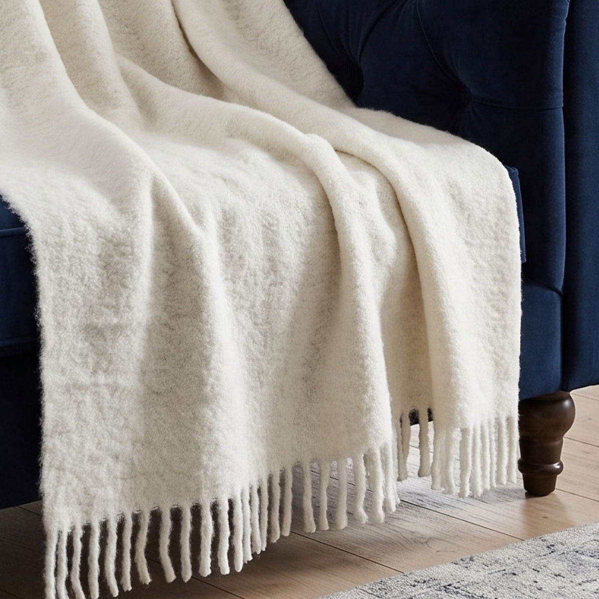 Pure Handmade Halo Wool Blend Bed & Sofa Throw Blanket | 130cm x 170cm | Ivory