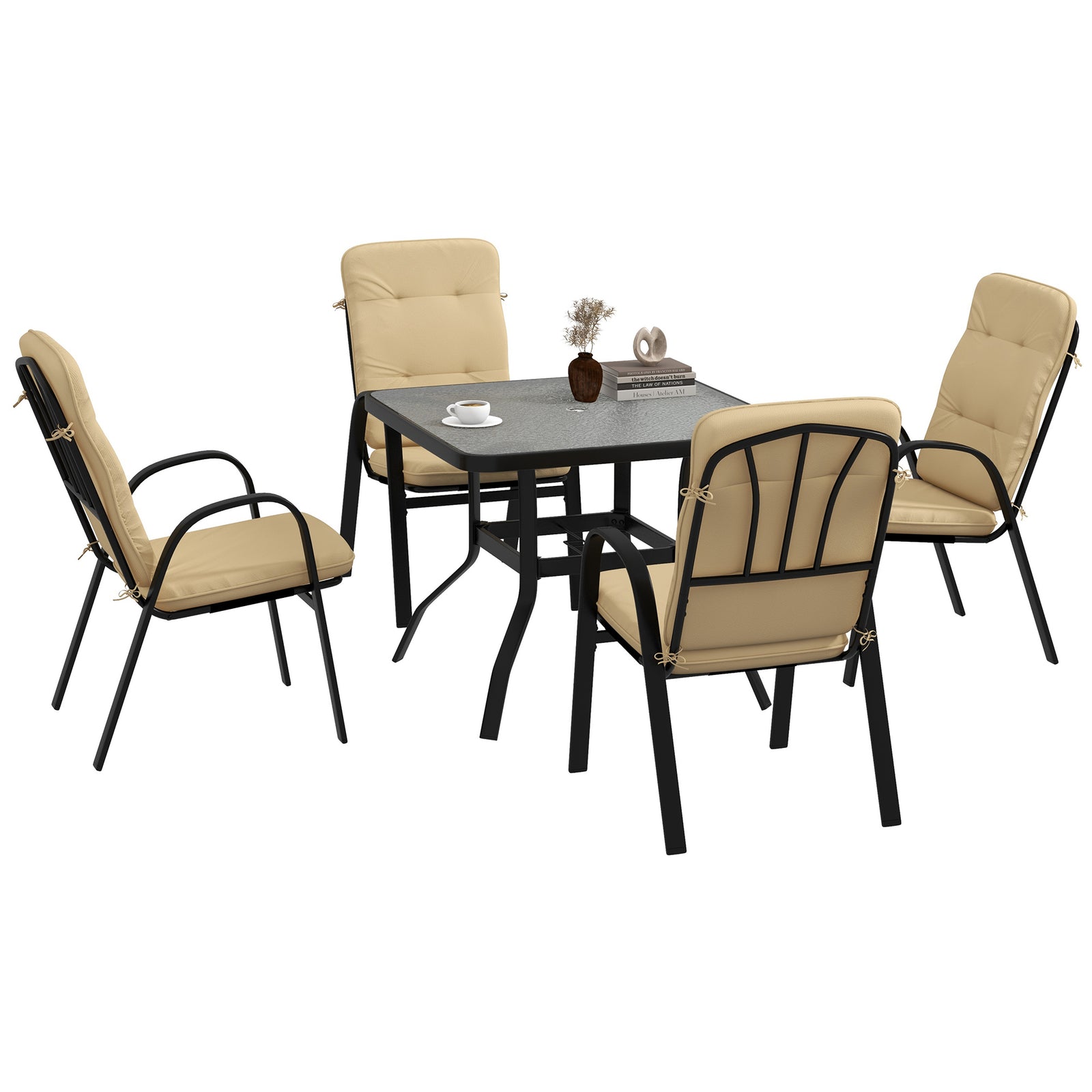 Garden Dining Set, Glass Table W/ Umbrella Hole & Seats | Beige