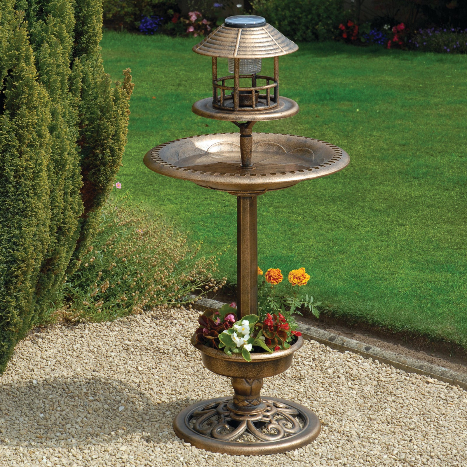 Bird Bath And Feeder With Solar Powered Lantern (Bronze)