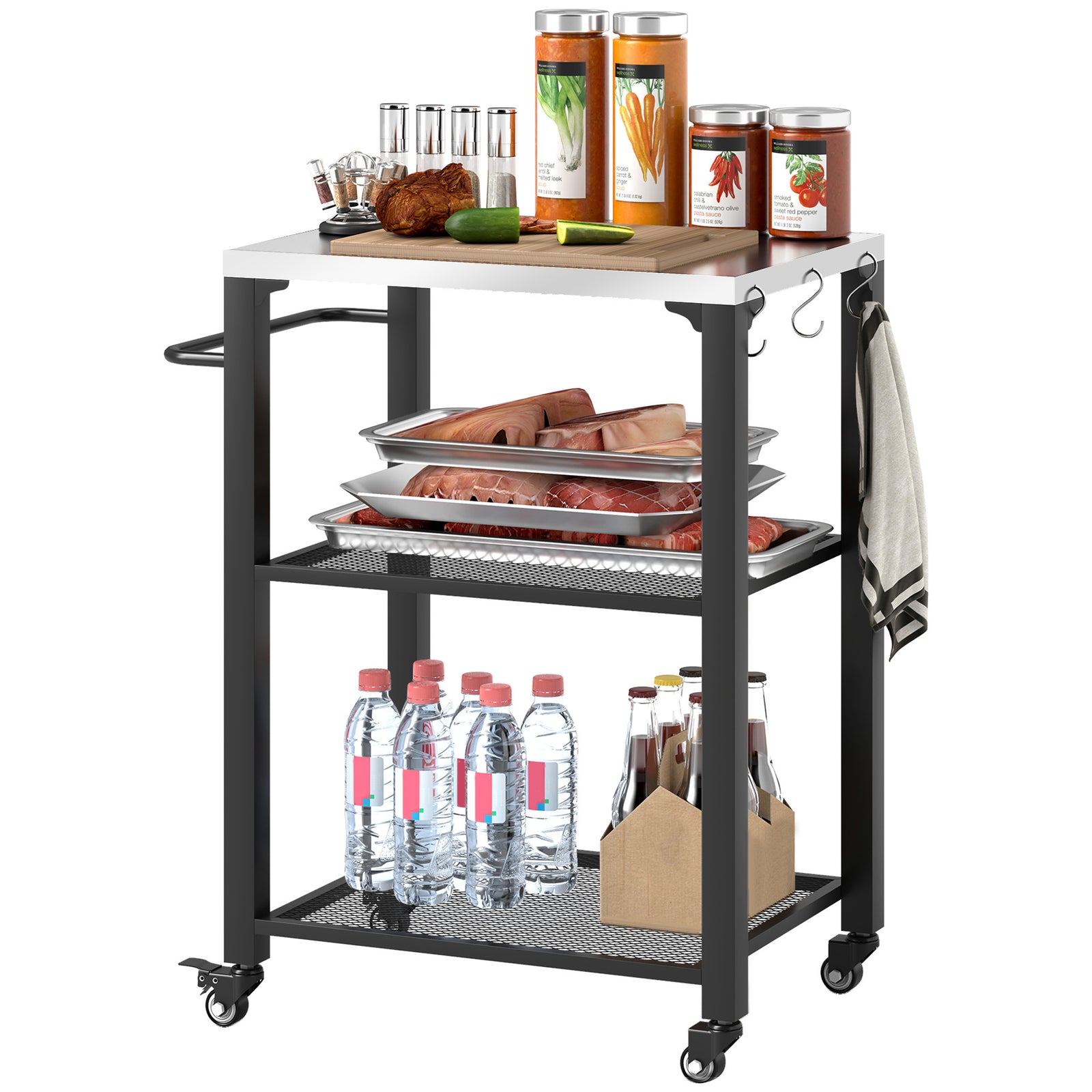 3-shelf Outdoor Grill Cart, Outdoor Kitchen W/ Steel Top