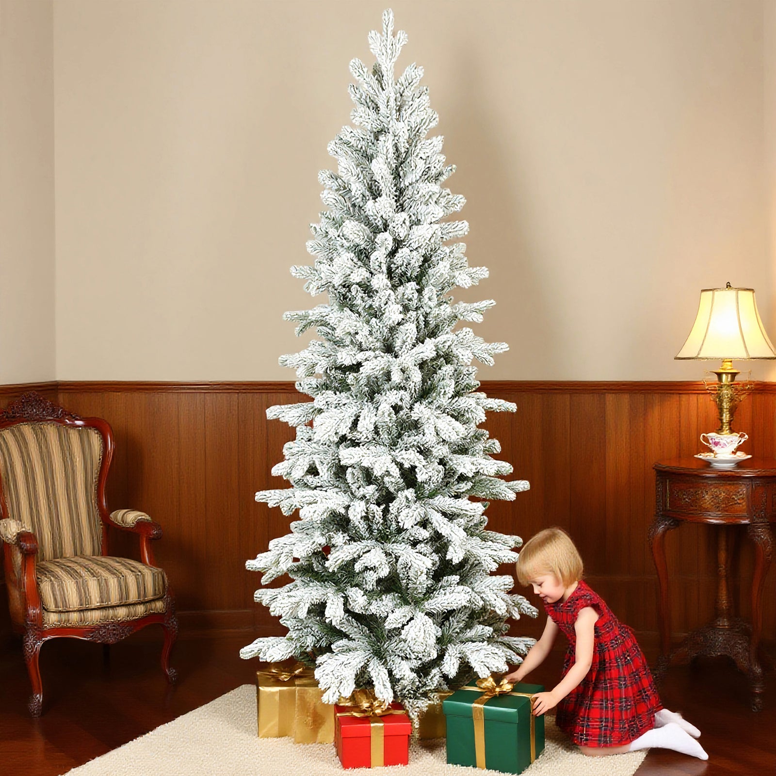 Pencil Christmas Tree With Snow, Realistic Tips, Easy Assembly | 7ft | Green