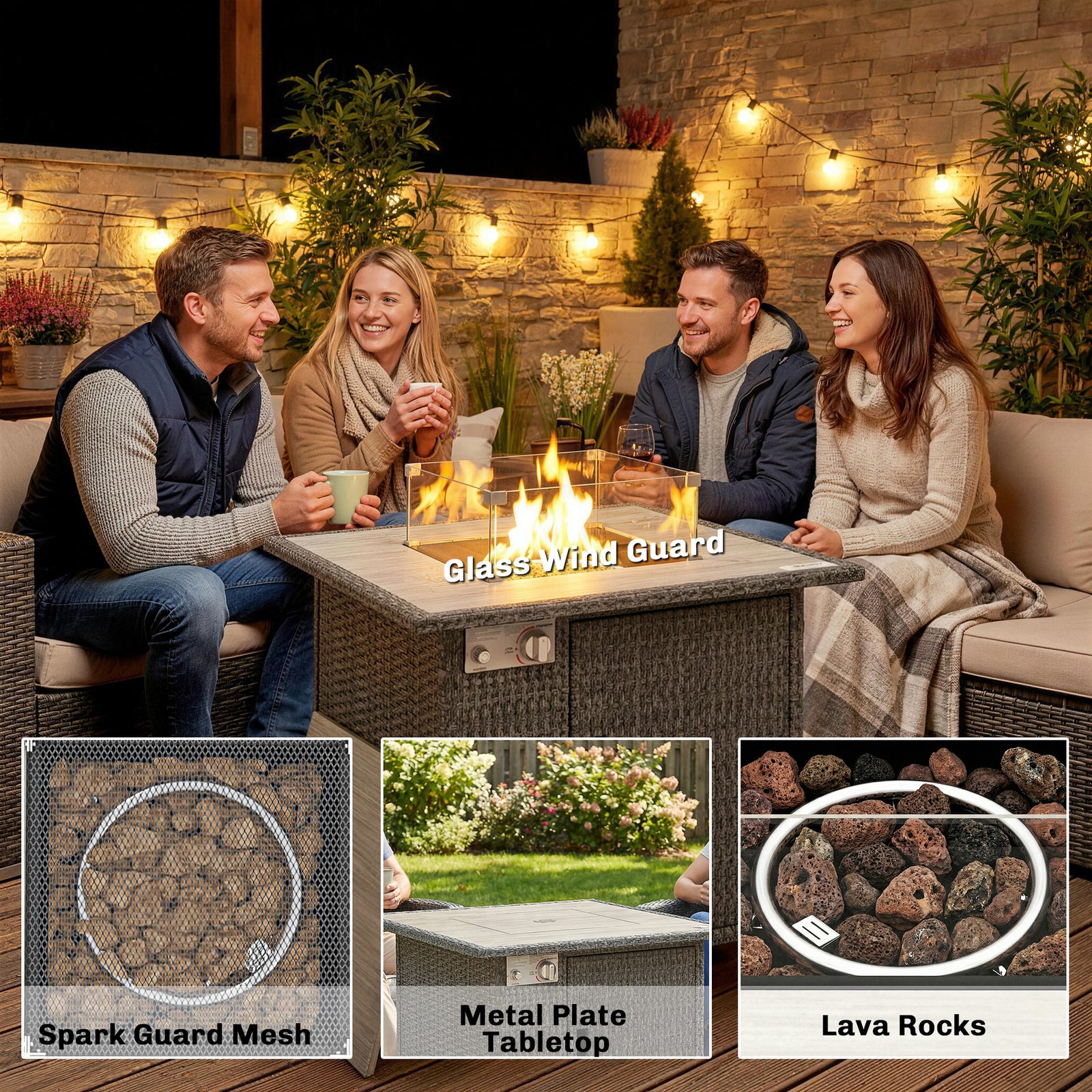 Rattan Gas Fire Pit Table With Rain Cover, Wind Guard, 14.5 Kw | Dark Grey