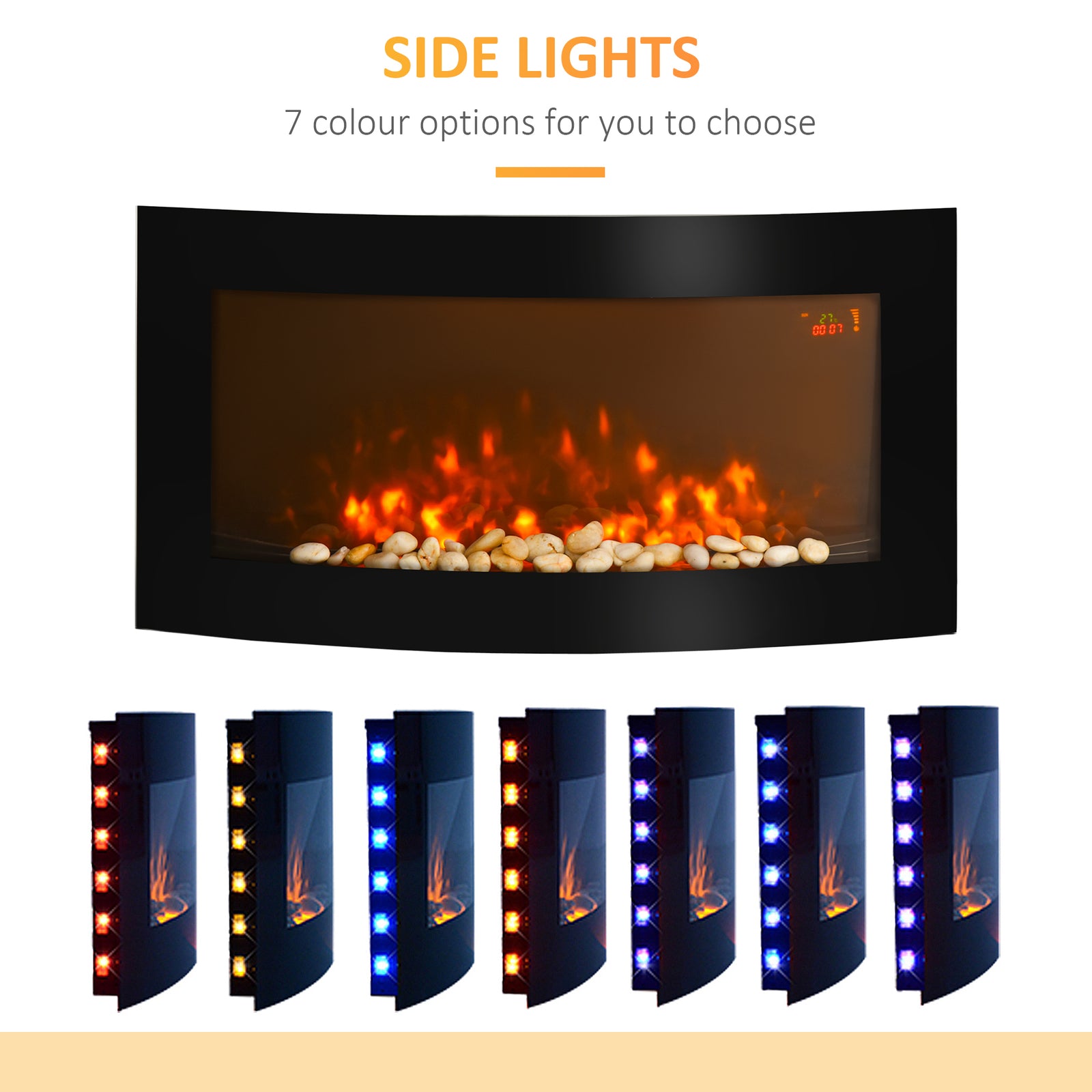 Electric Fireplace Wall Mounted Led Flame Curved Side Lights