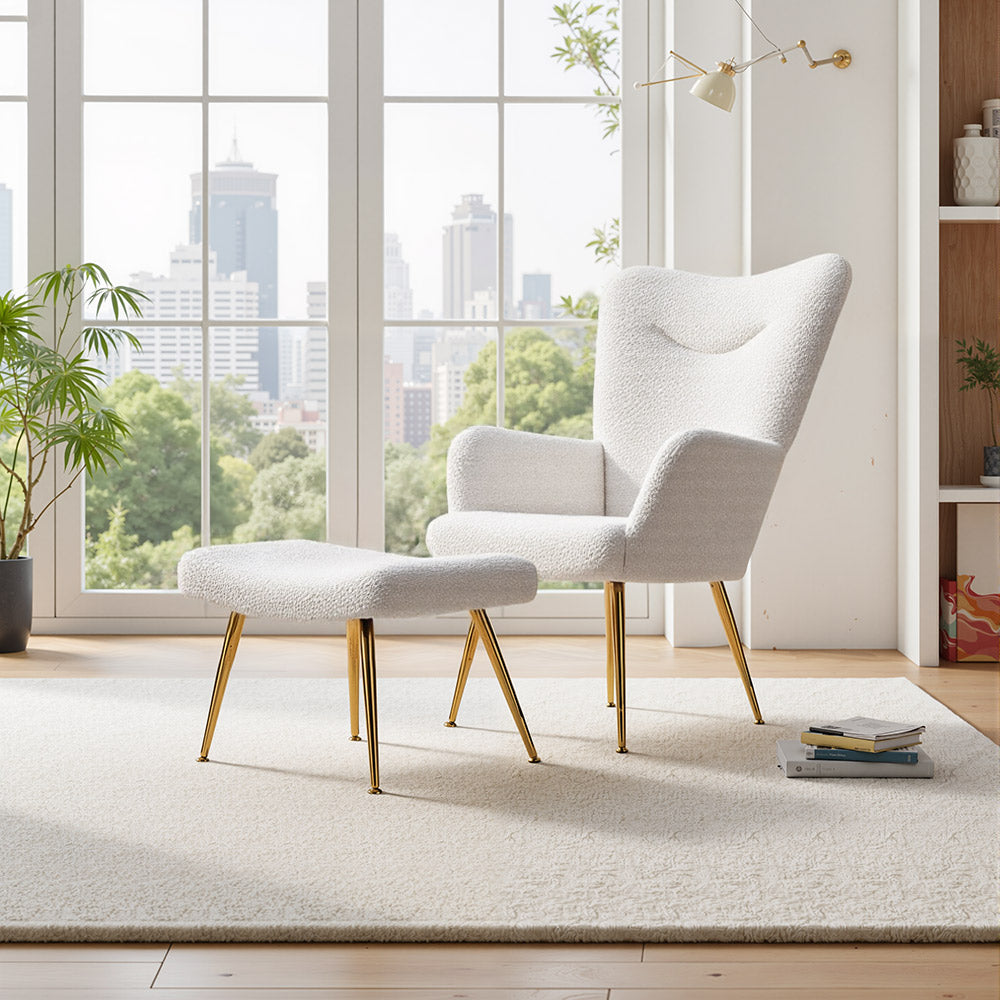 Accent Chair With Footstool Set – Sherpa Fleece Upholstered Armchair With Gold Metal Stool