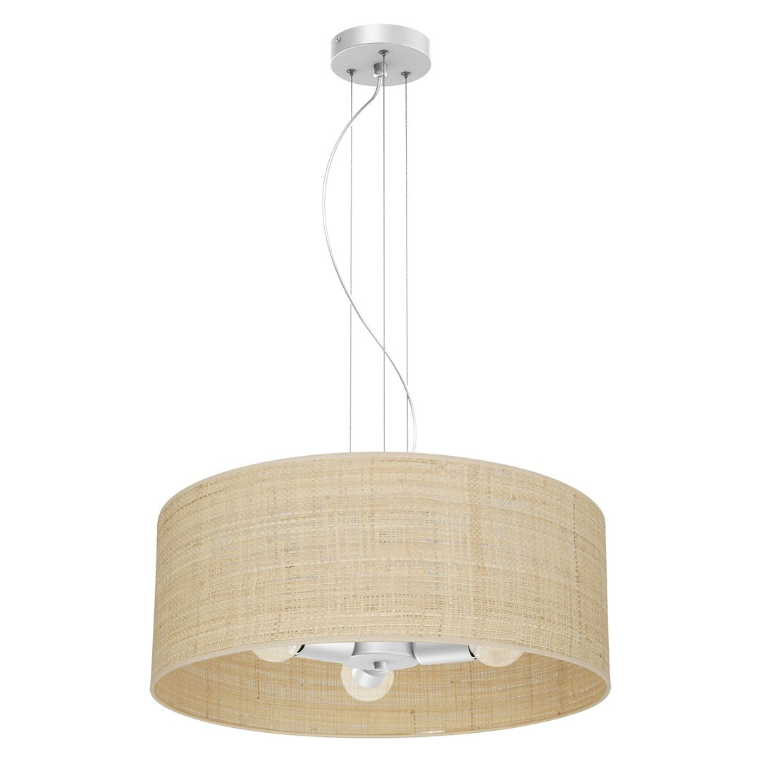 Marshall Hand Made Designer Pendant Lamp In Matt White Metal And Natural Rattan Coloured Fabric