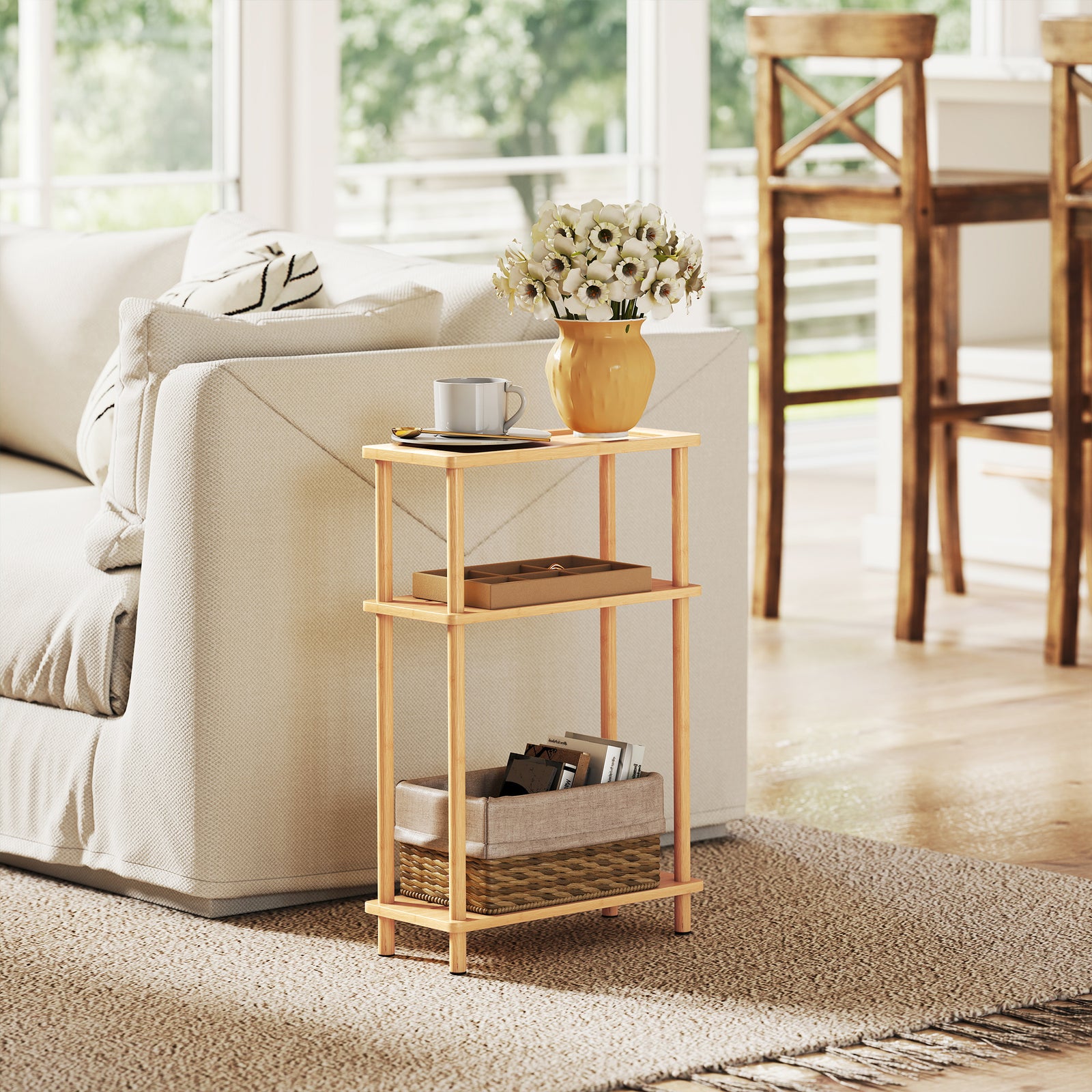 HOMCOM 3-tier Slim End Table, Tool-free Assembly, Natural Wood Finish