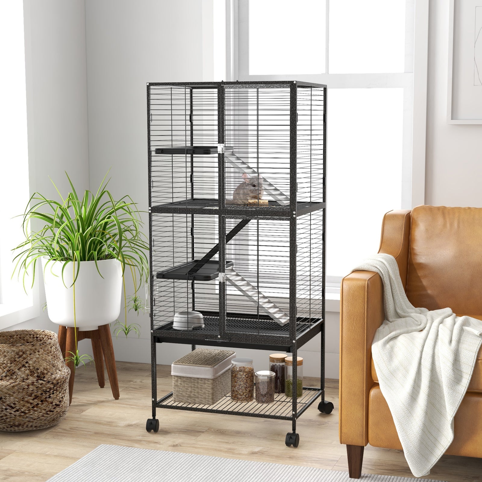Ferret Cage 136cm Rolling Small Animal Cage W/ 3 Doors, Storage Shelf