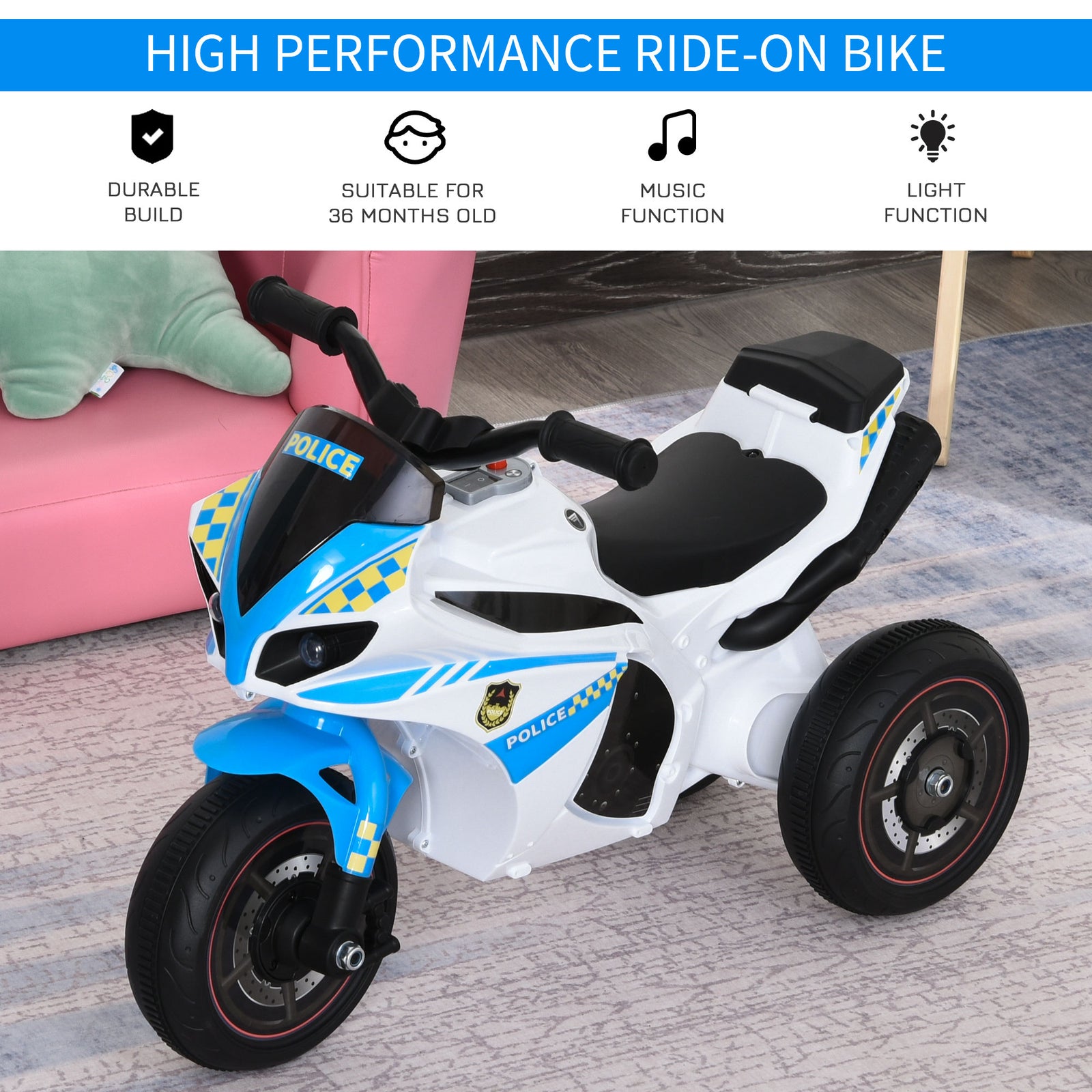 Kids Ride-on Police Bike 3-wheel Vehicle W/ Music Lights 18-36 Mths | Blue