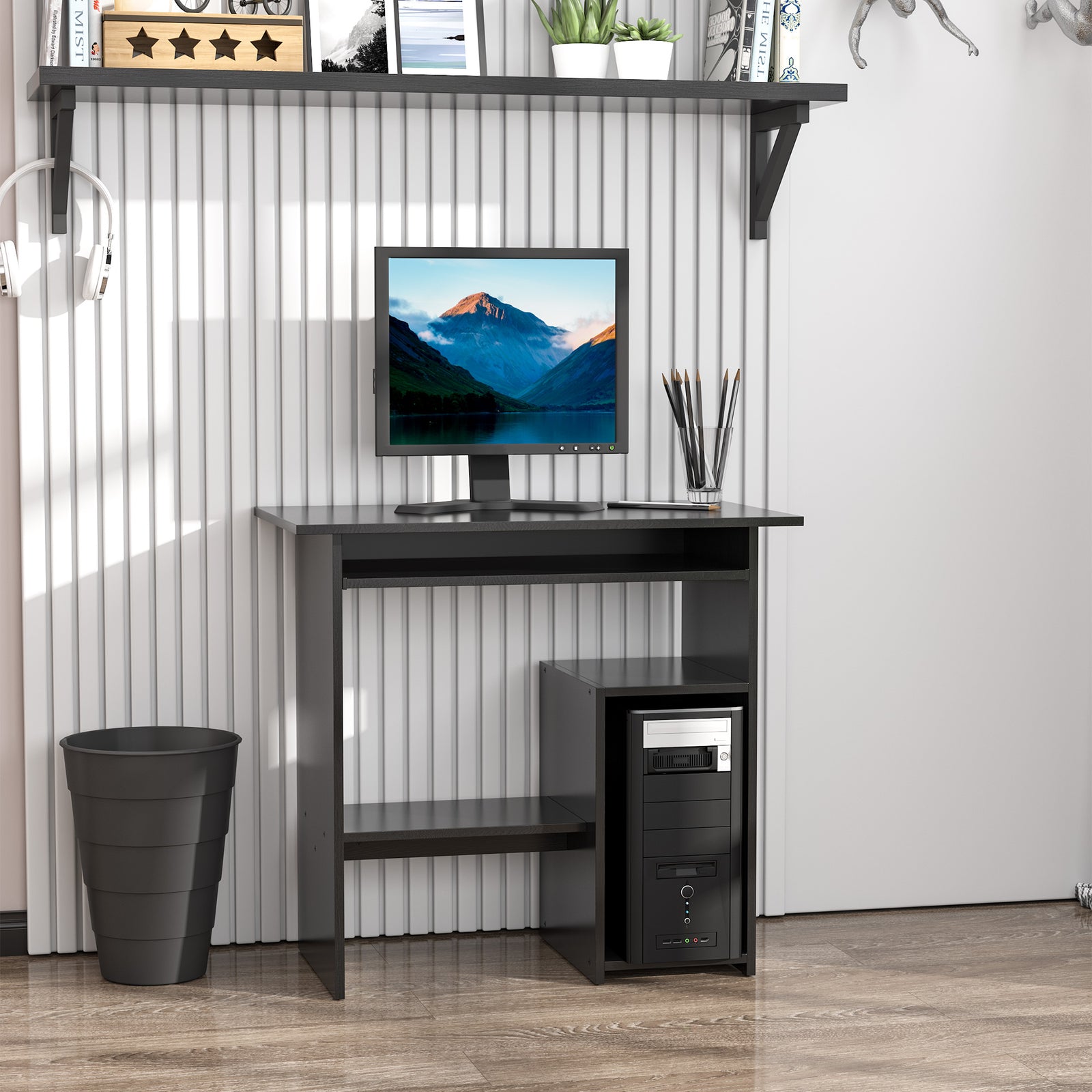 Compact Computer Table, Keyboard Tray | Black