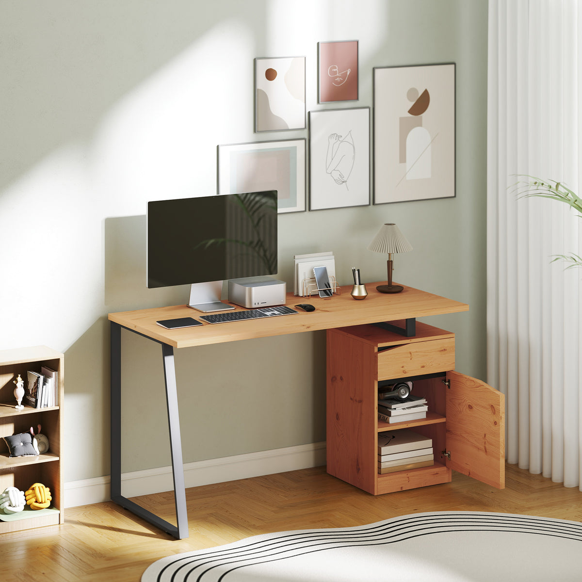 HOMCOM Computer Desk, Writing Table With Cabinet And Drawer, Natural