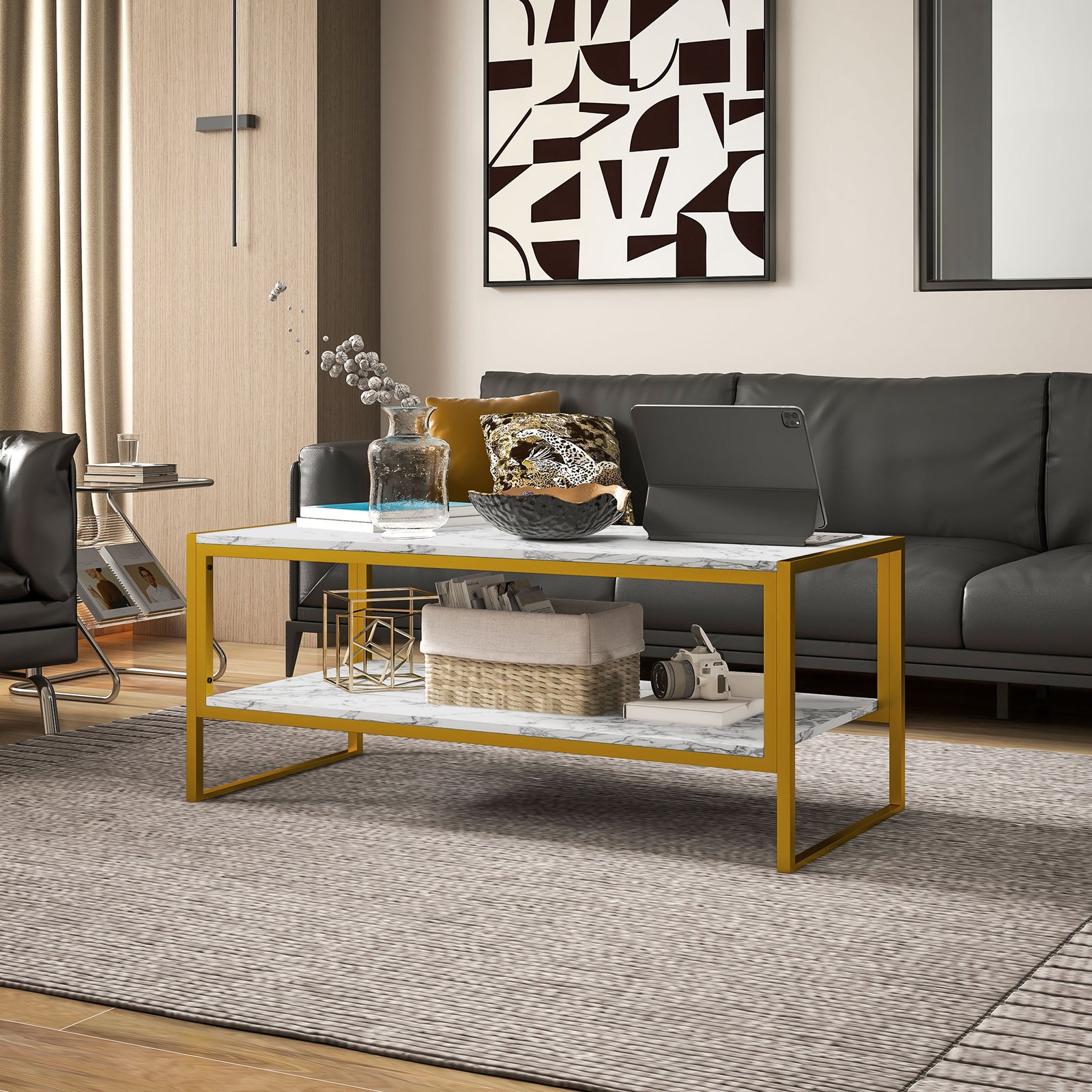 Two-tier Coffee Table, Marble Effect | White