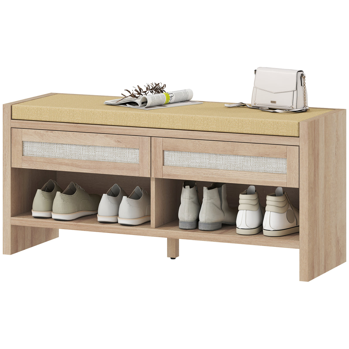 Shoe Bench With 2 Rattan Drawers Cushion | Oak