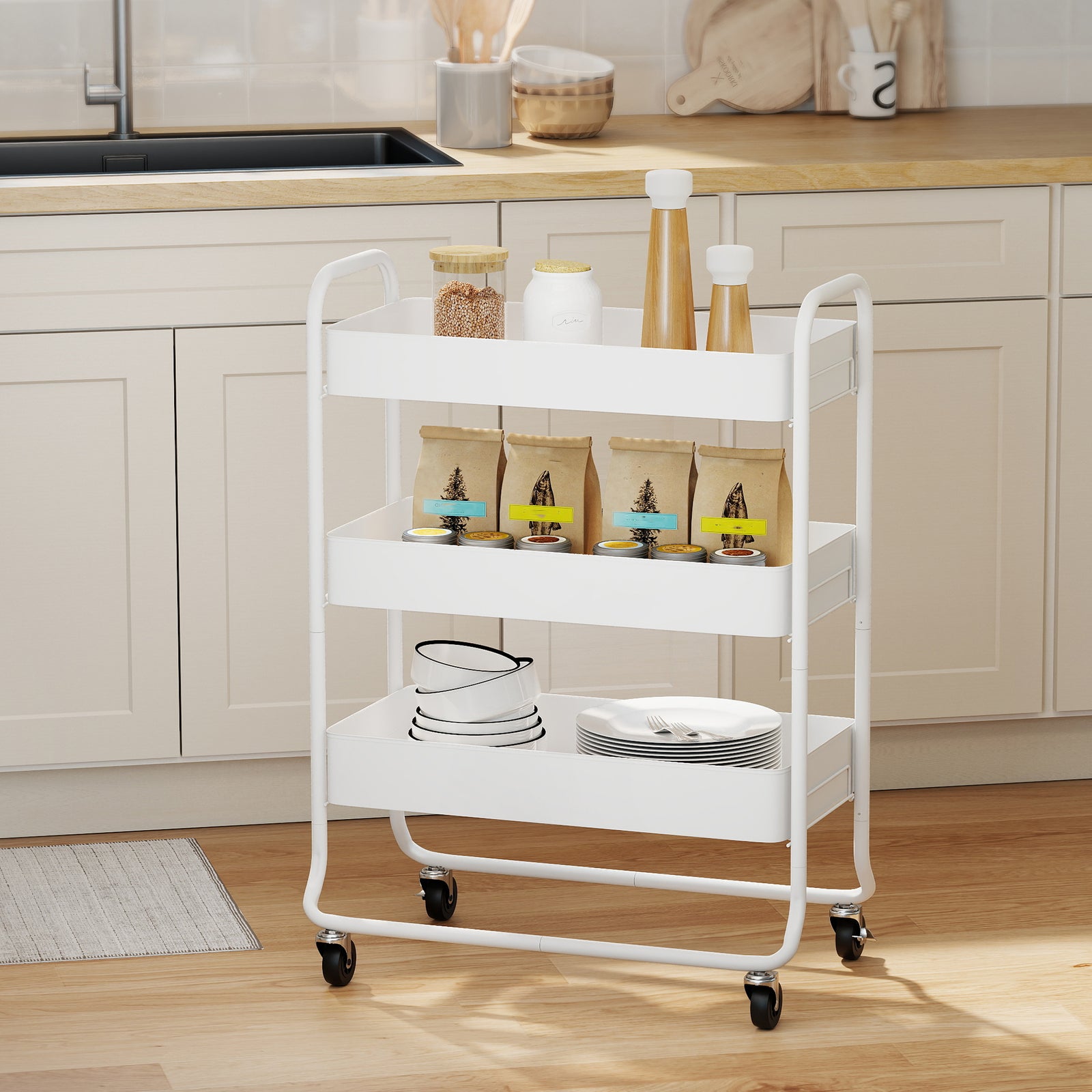 3-tier Storage Trolley, Storage Cart With Mesh Backets, Wheels | White