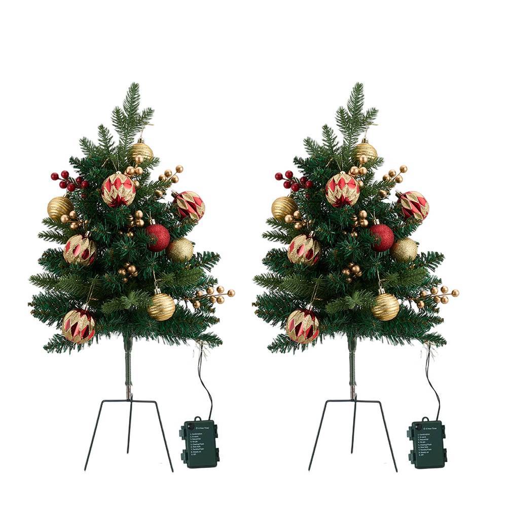 Set Of 2 Pre-lit Artificial Christmas Trees Urn Fillers With Tripod Stakes