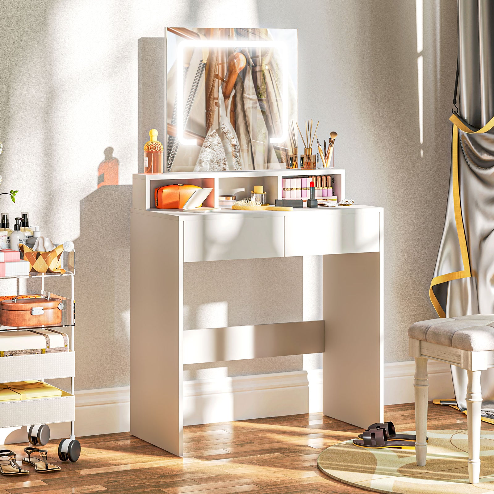 HOMCOM Dressing Table With Mirror, Led Lights, Drawers, For Bedroom, White