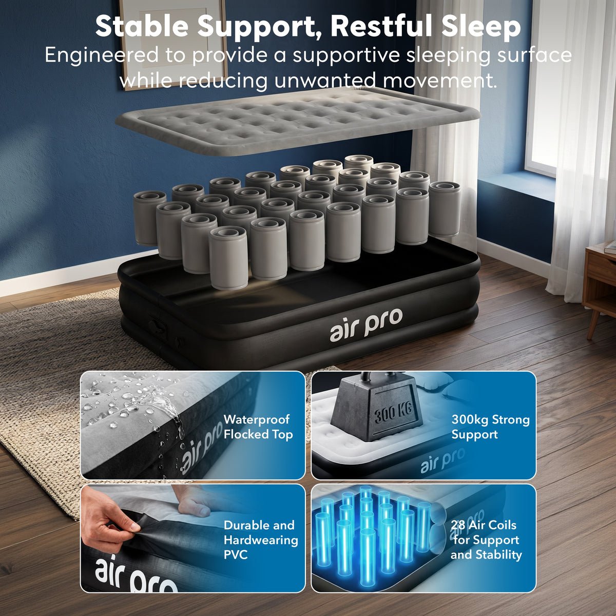 Inflatable Air Mattress With Soft Surface Built-in Electric Pump | Double | Black