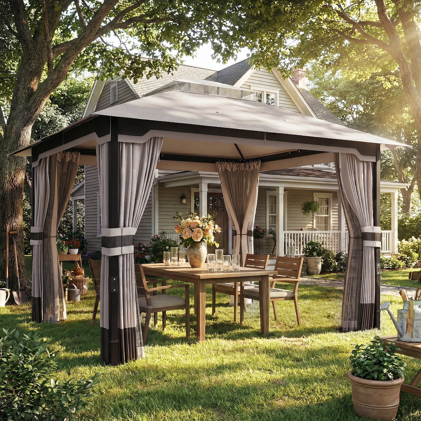 3 X 3.6 M Outdoor Garden Gazebo With Netting, Curtains | Khaki
